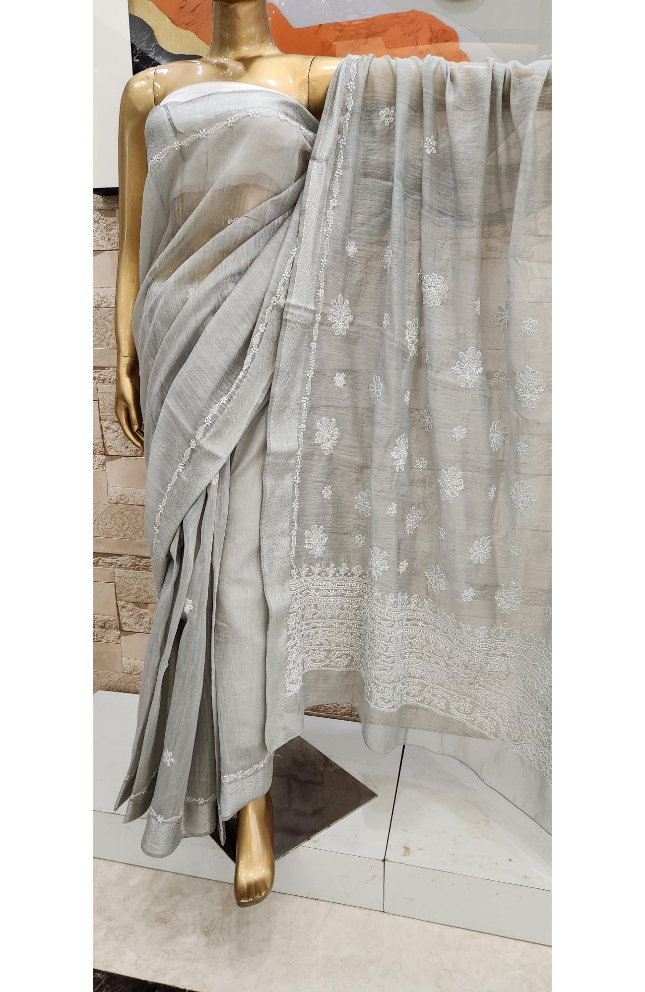 Grey  Chanderi Hand Embroidered Chikankari Saree I Rohia By Chhangamal