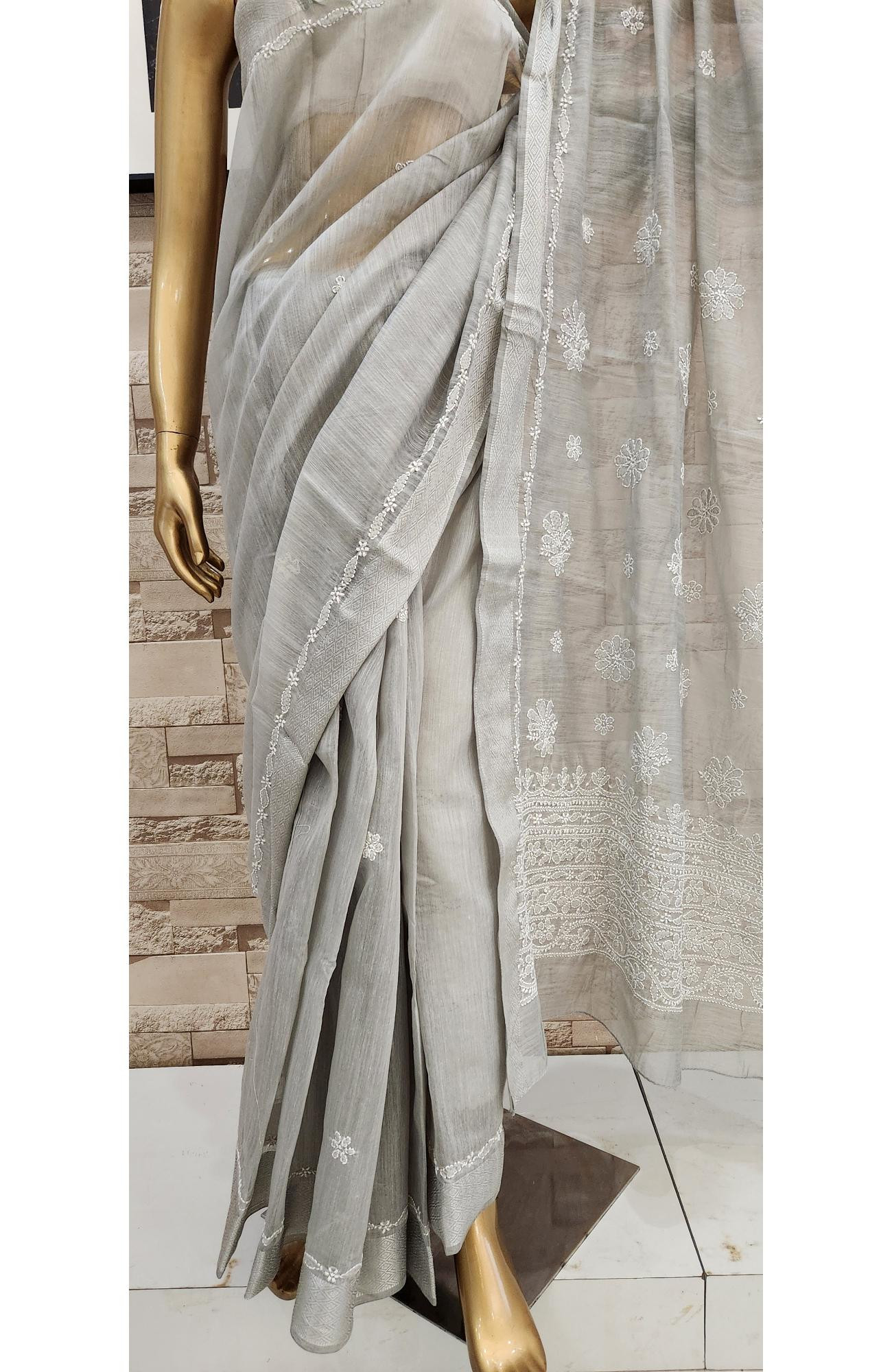 Grey  Chanderi Hand Embroidered Chikankari Saree I Rohia By Chhangamal