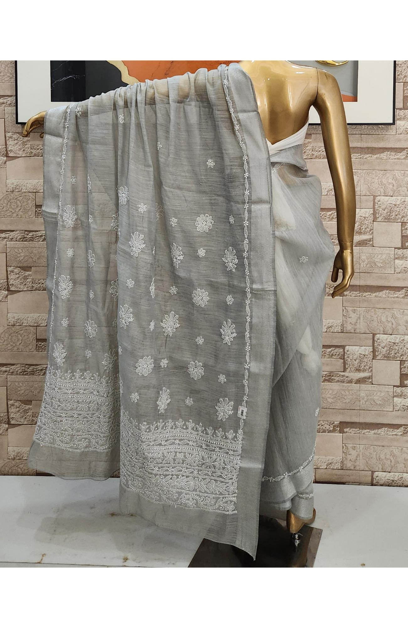 Grey  Chanderi Hand Embroidered Chikankari Saree I Rohia By Chhangamal