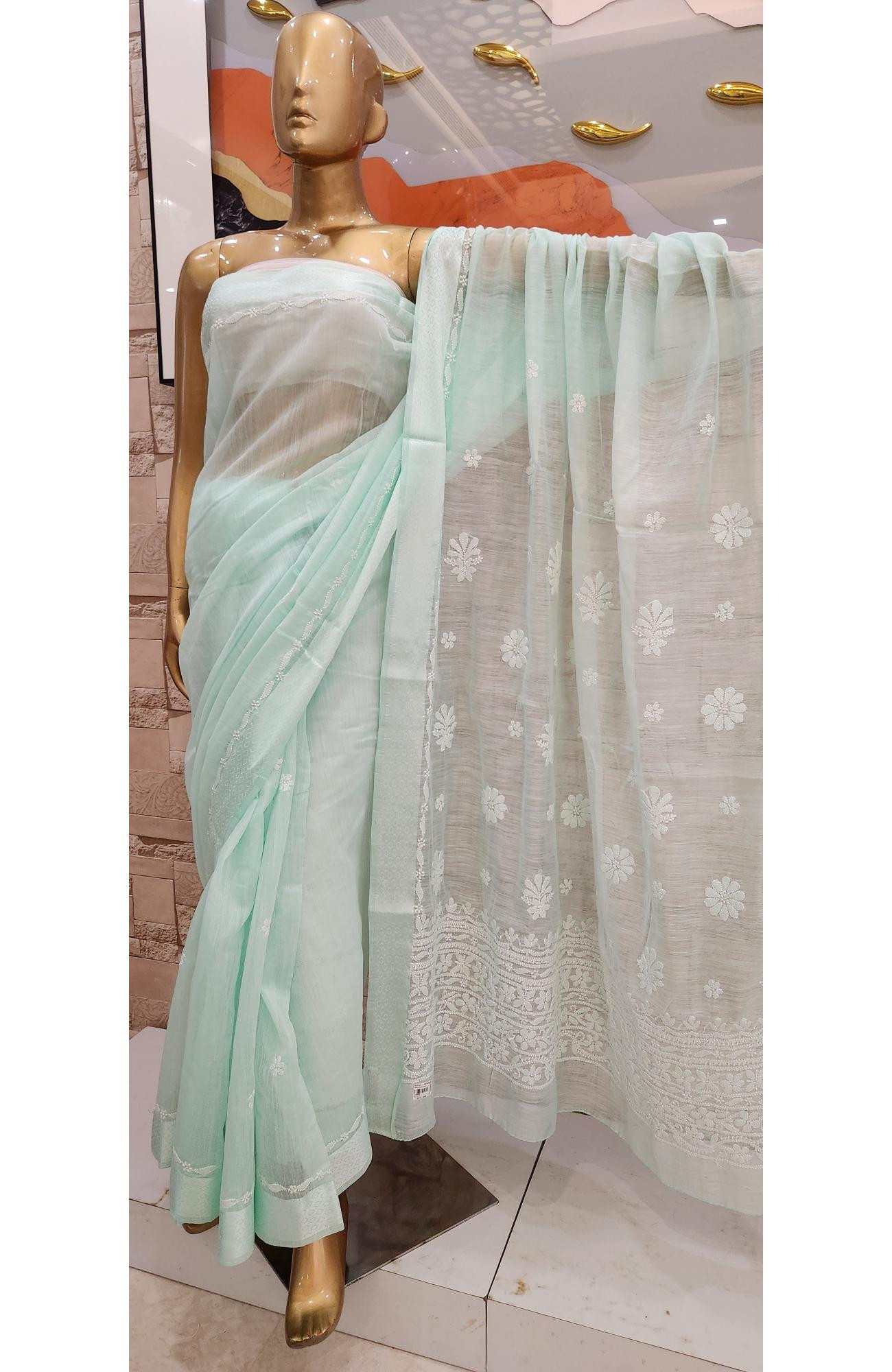 Sea Green Chanderi Hand Embroidered Chikankari Saree I Rohia By Chhangamal