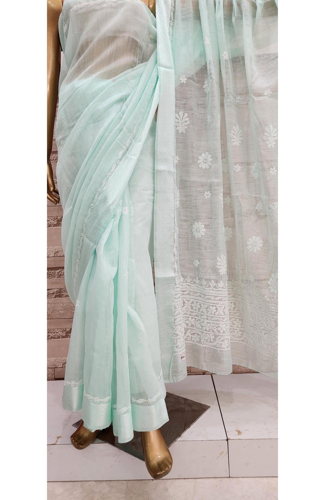 Sea Green Chanderi Hand Embroidered Chikankari Saree I Rohia By Chhangamal