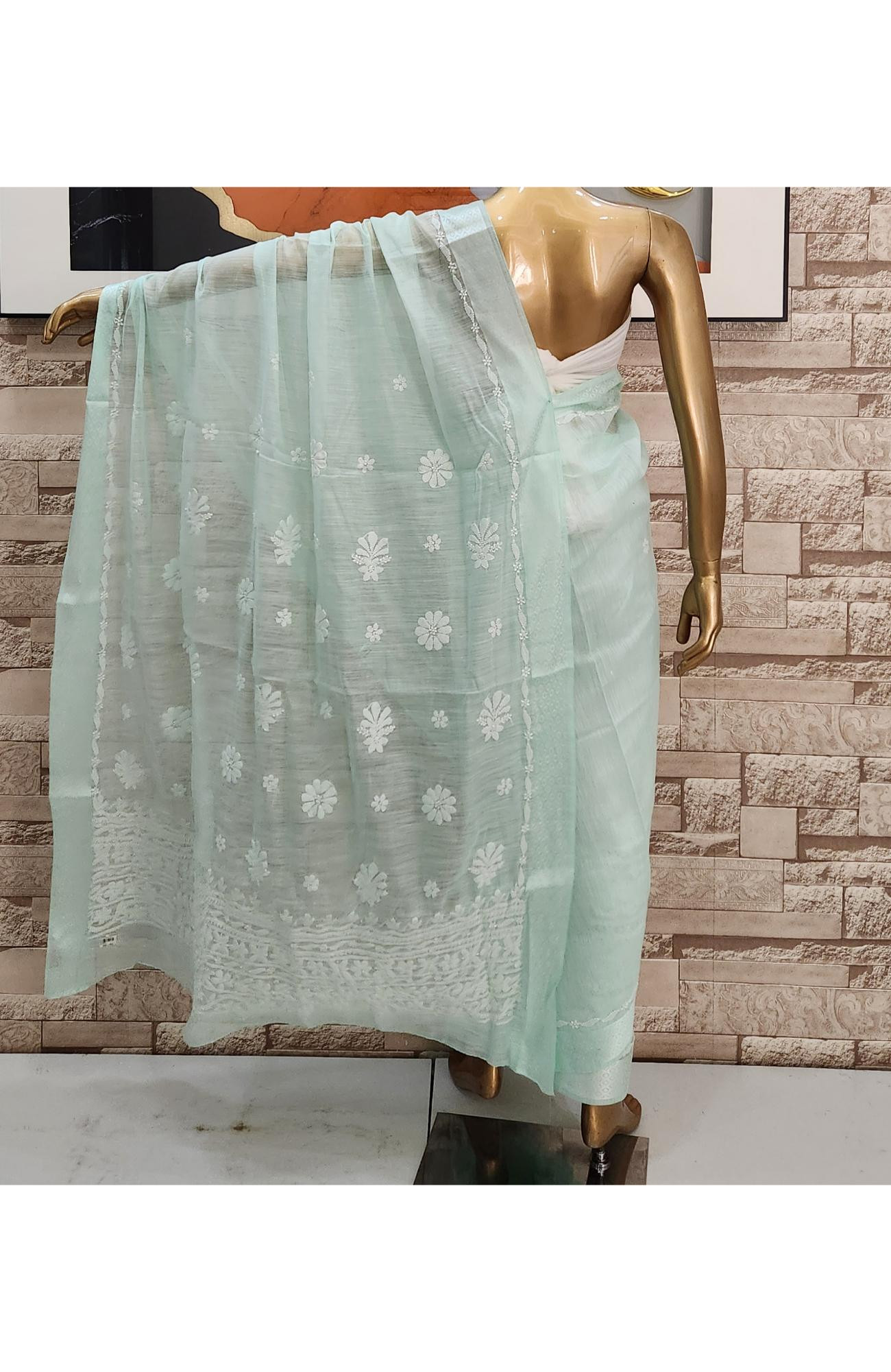 Sea Green Chanderi Hand Embroidered Chikankari Saree I Rohia By Chhangamal