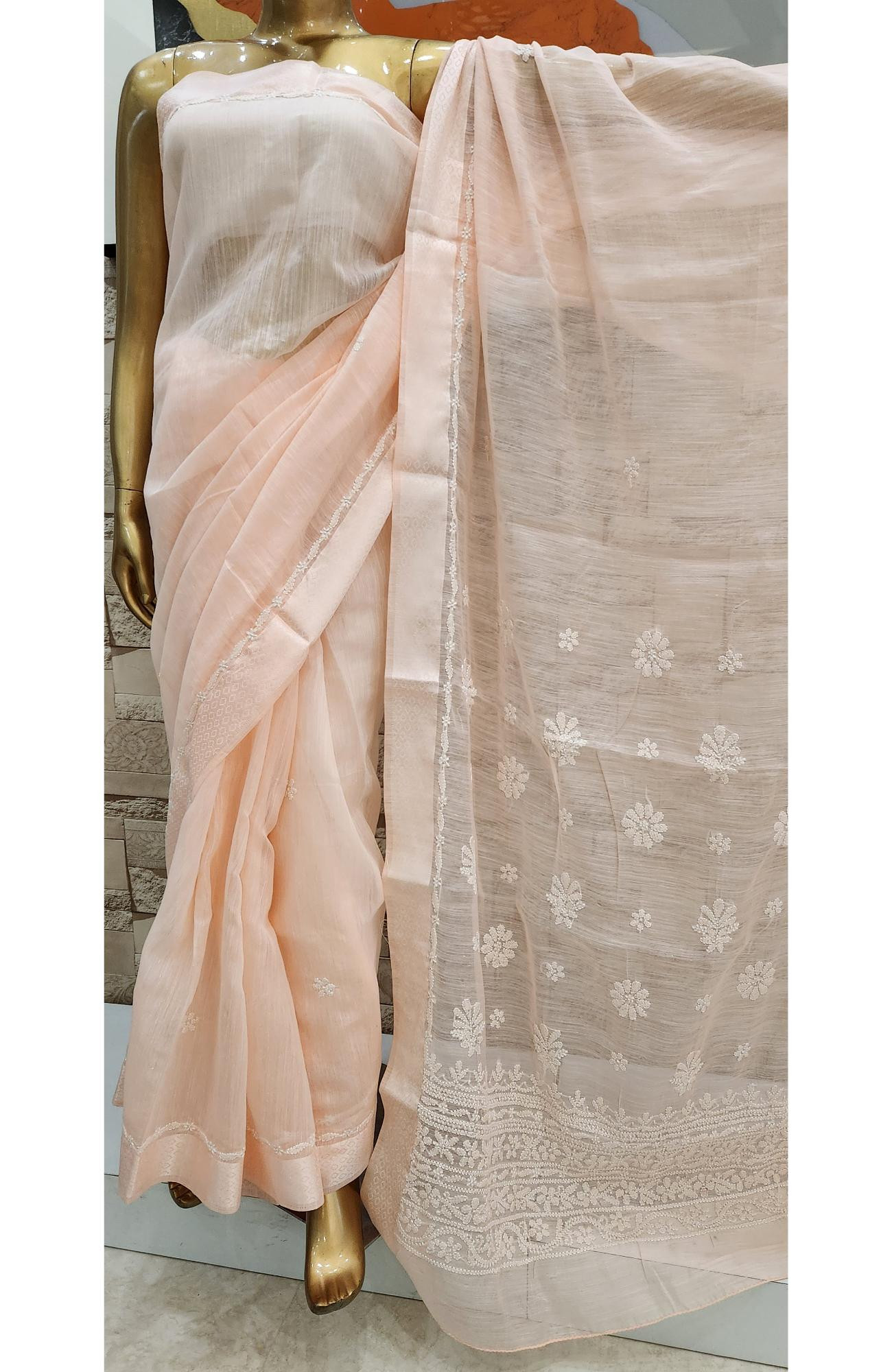 Peach Chanderi Hand Embroidered Chikankari Saree I Rohia By Chhangamal