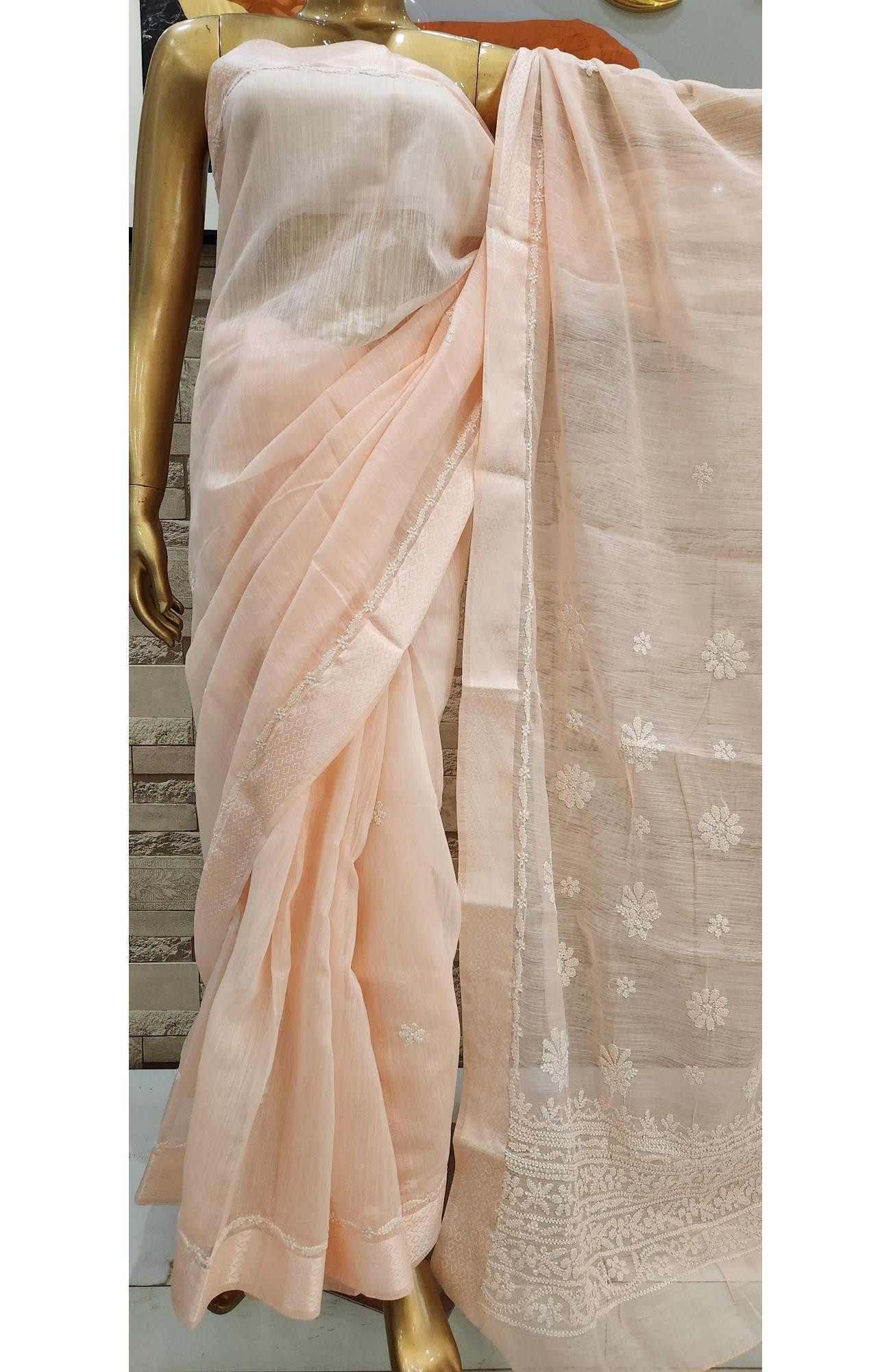 Peach Chanderi Hand Embroidered Chikankari Saree I Rohia By Chhangamal