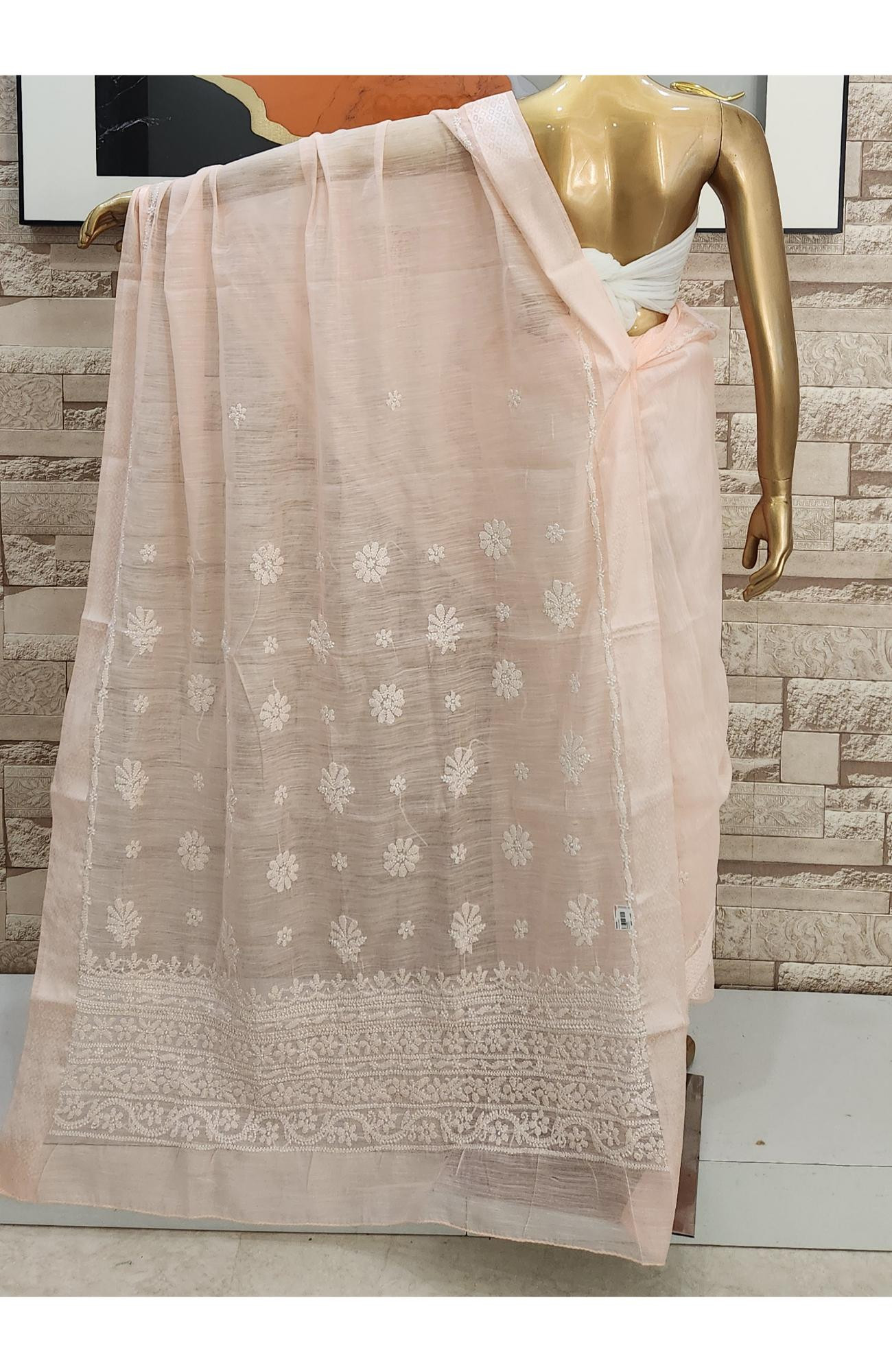 Peach Chanderi Hand Embroidered Chikankari Saree I Rohia By Chhangamal