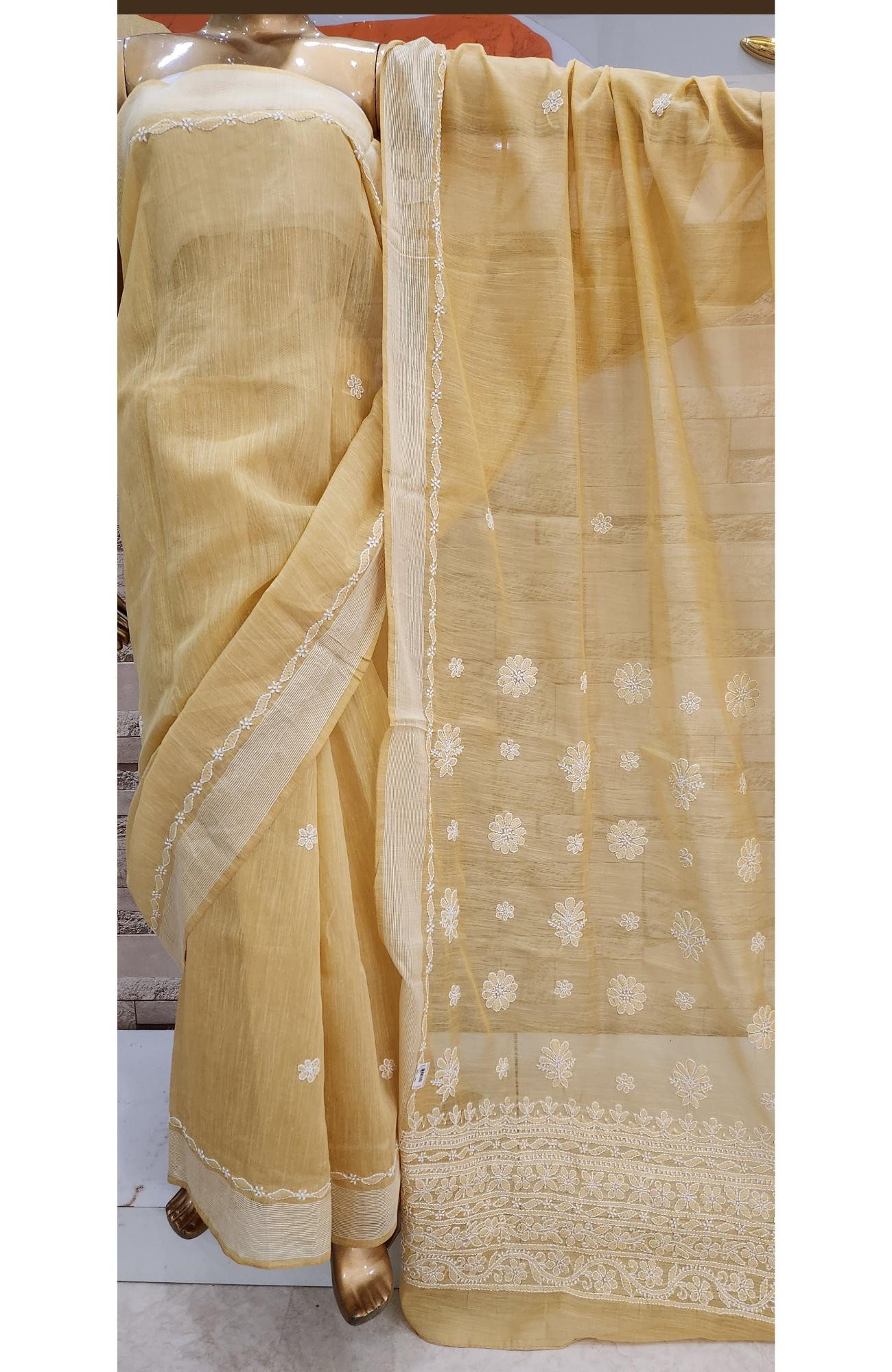 Mastard Yellow  Chanderi Hand Embroidered Chikankari Saree I Rohia By Chhangamal