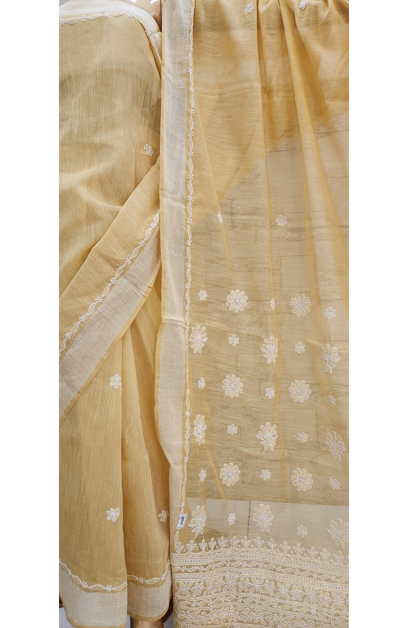 Mastard Yellow  Chanderi Hand Embroidered Chikankari Saree I Rohia By Chhangamal
