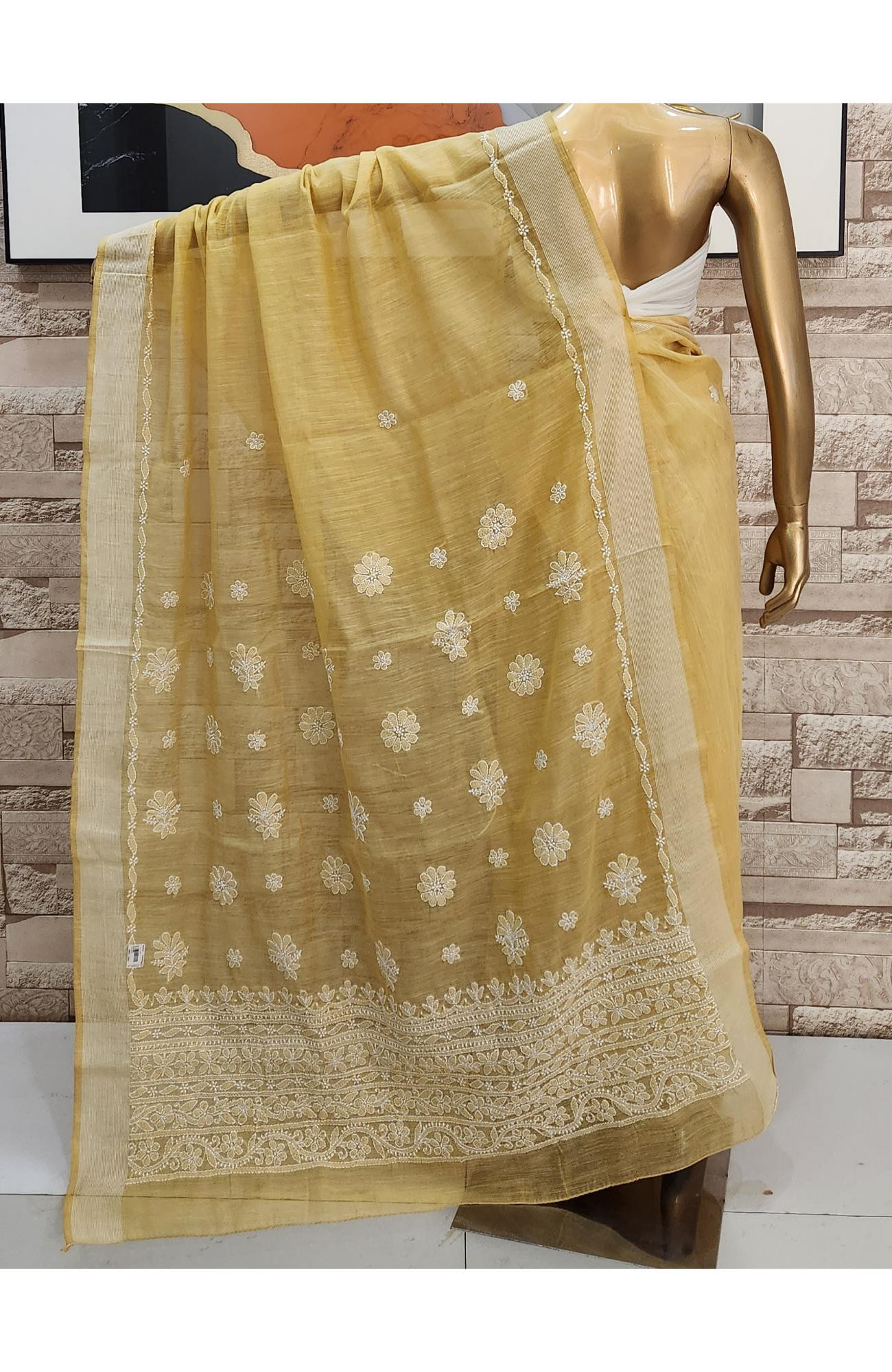 Mastard Yellow  Chanderi Hand Embroidered Chikankari Saree I Rohia By Chhangamal