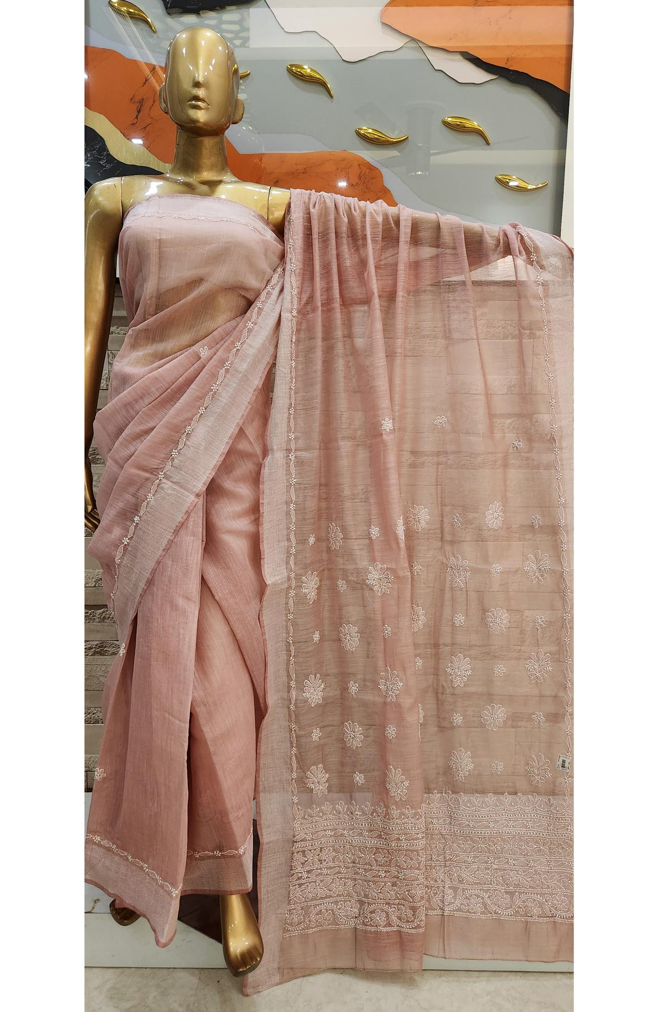 Onion Pink  Chanderi Hand Embroidered Chikankari Saree I Rohia By Chhangamal