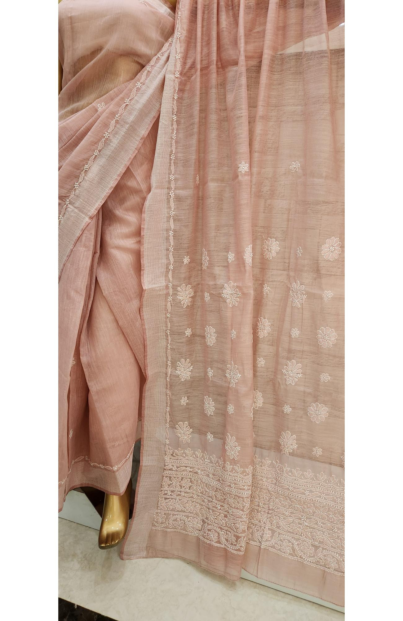 Onion Pink  Chanderi Hand Embroidered Chikankari Saree I Rohia By Chhangamal