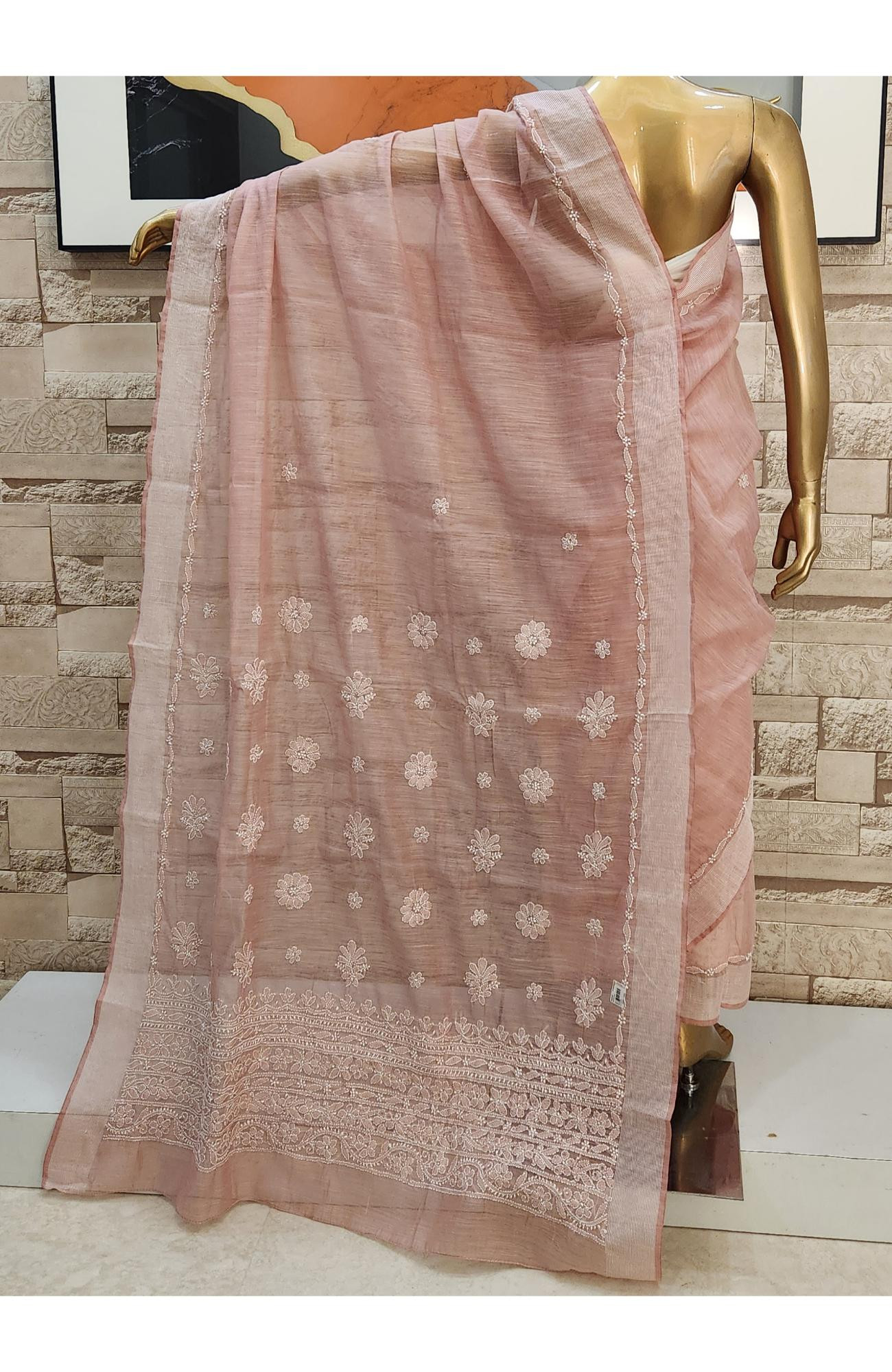Onion Pink  Chanderi Hand Embroidered Chikankari Saree I Rohia By Chhangamal