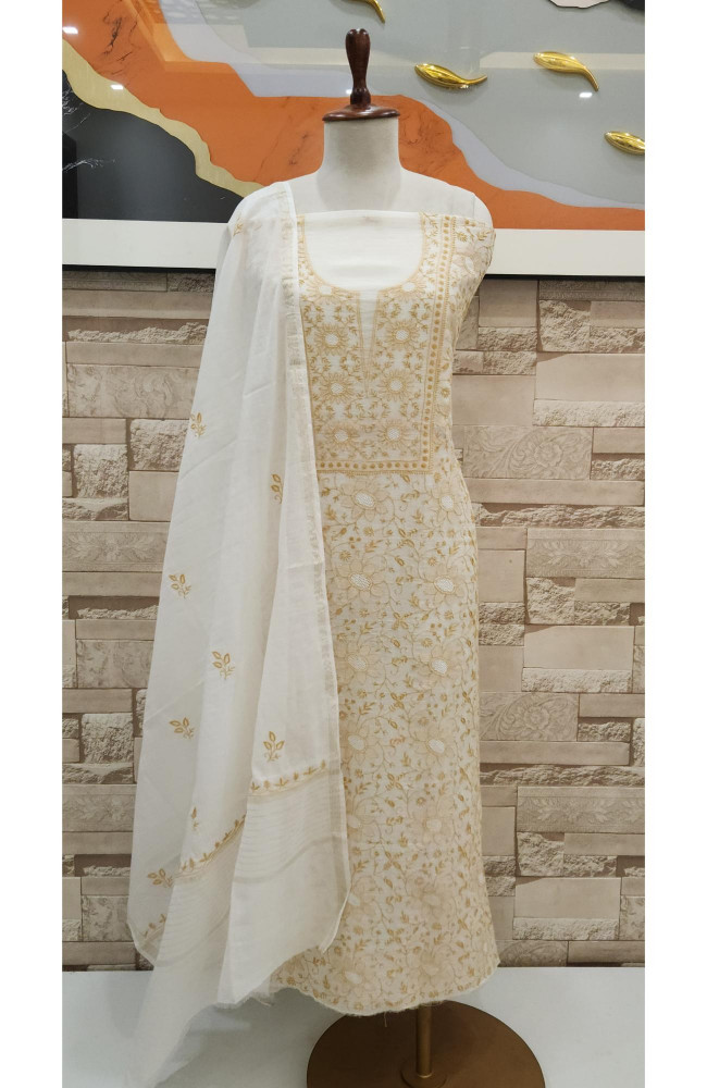 Image of Cream Mul Chanderi Hand Embroidered Chikankari Kurta &amp; Dupatta | Rohia By Chhangamal