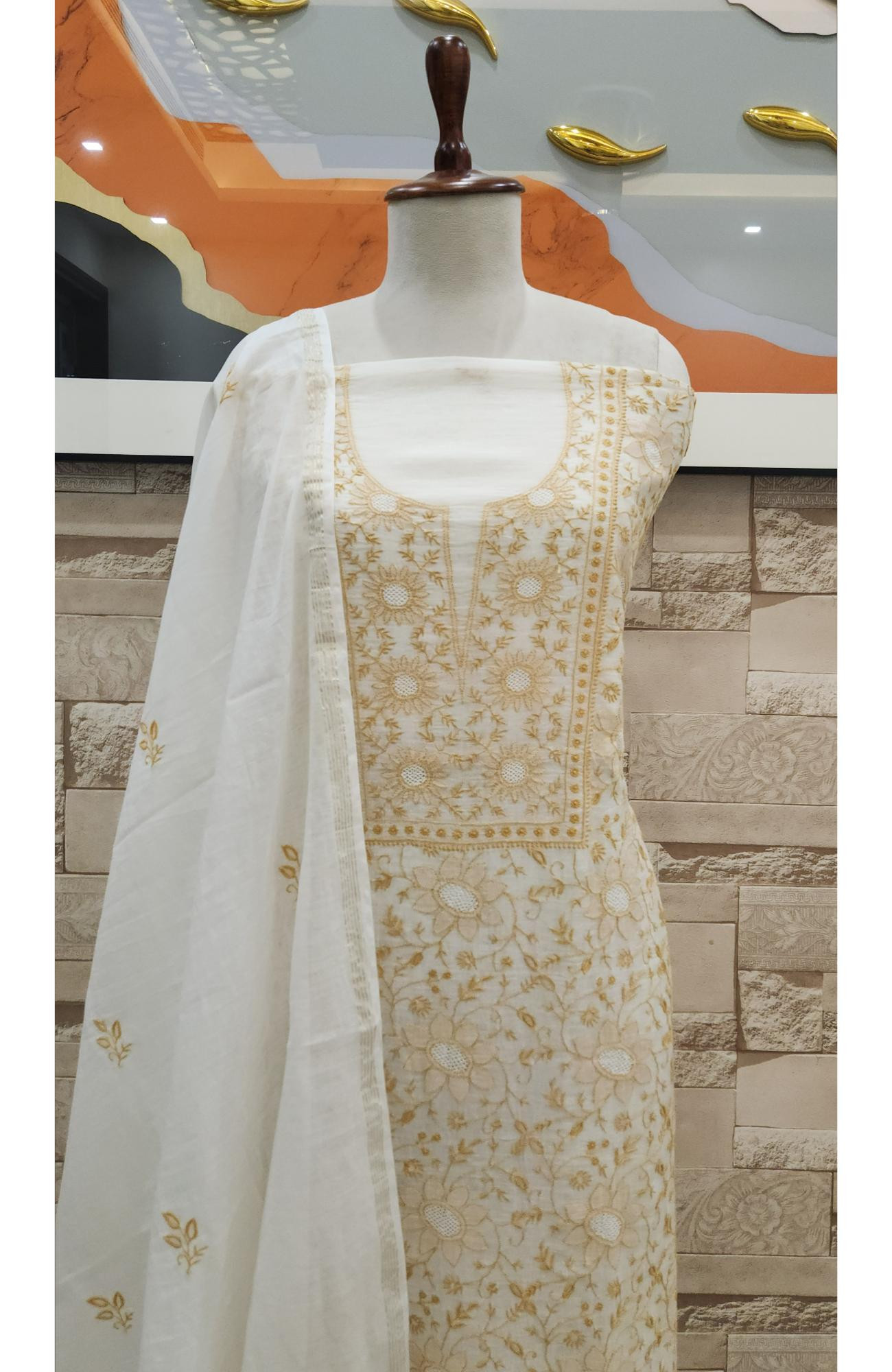 Cream Mul Chanderi Hand Embroidered Chikankari Kurta  Dupatta  Rohia By Chhangamal