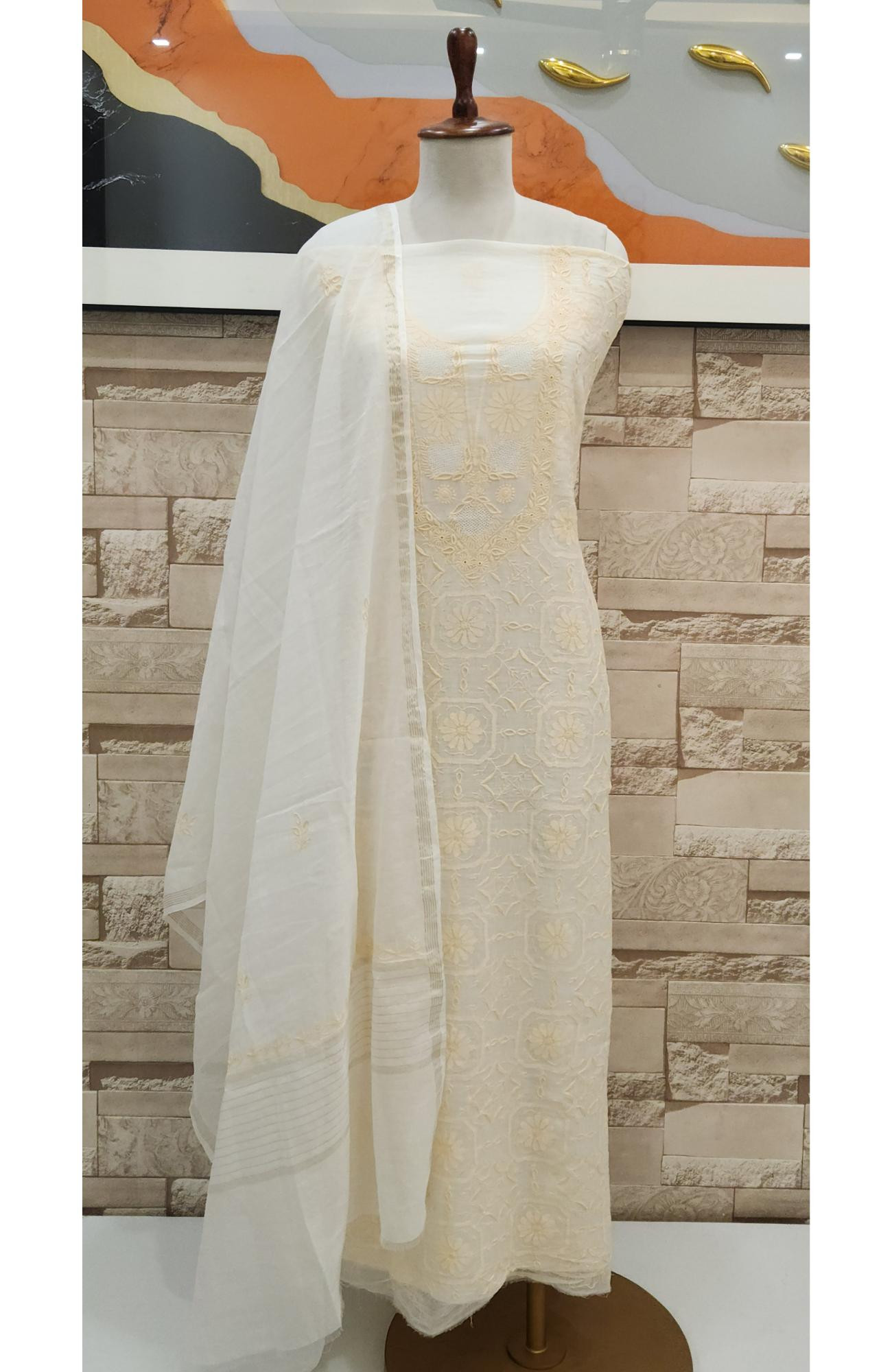 Cream Mul Chanderi Chikankari Kurta Dupatta Set  Rohia By Chhangamal