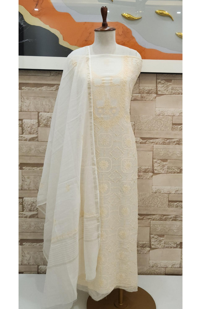 Image of Cream Mul Chanderi Chikankari Kurta Dupatta Set | Rohia By Chhangamal