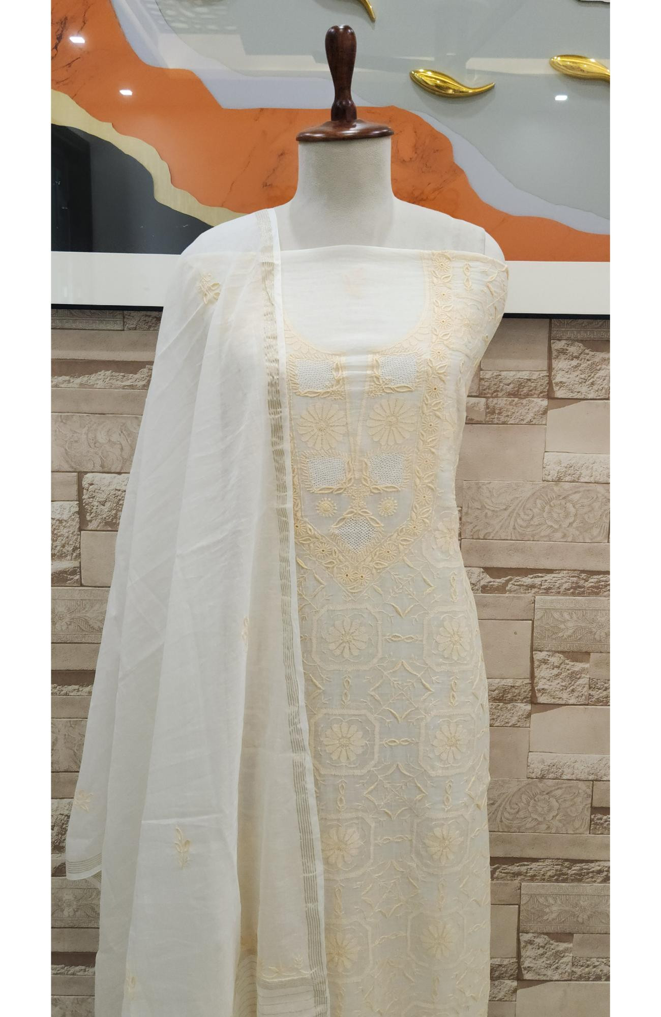 Cream Mul Chanderi Chikankari Kurta Dupatta Set  Rohia By Chhangamal