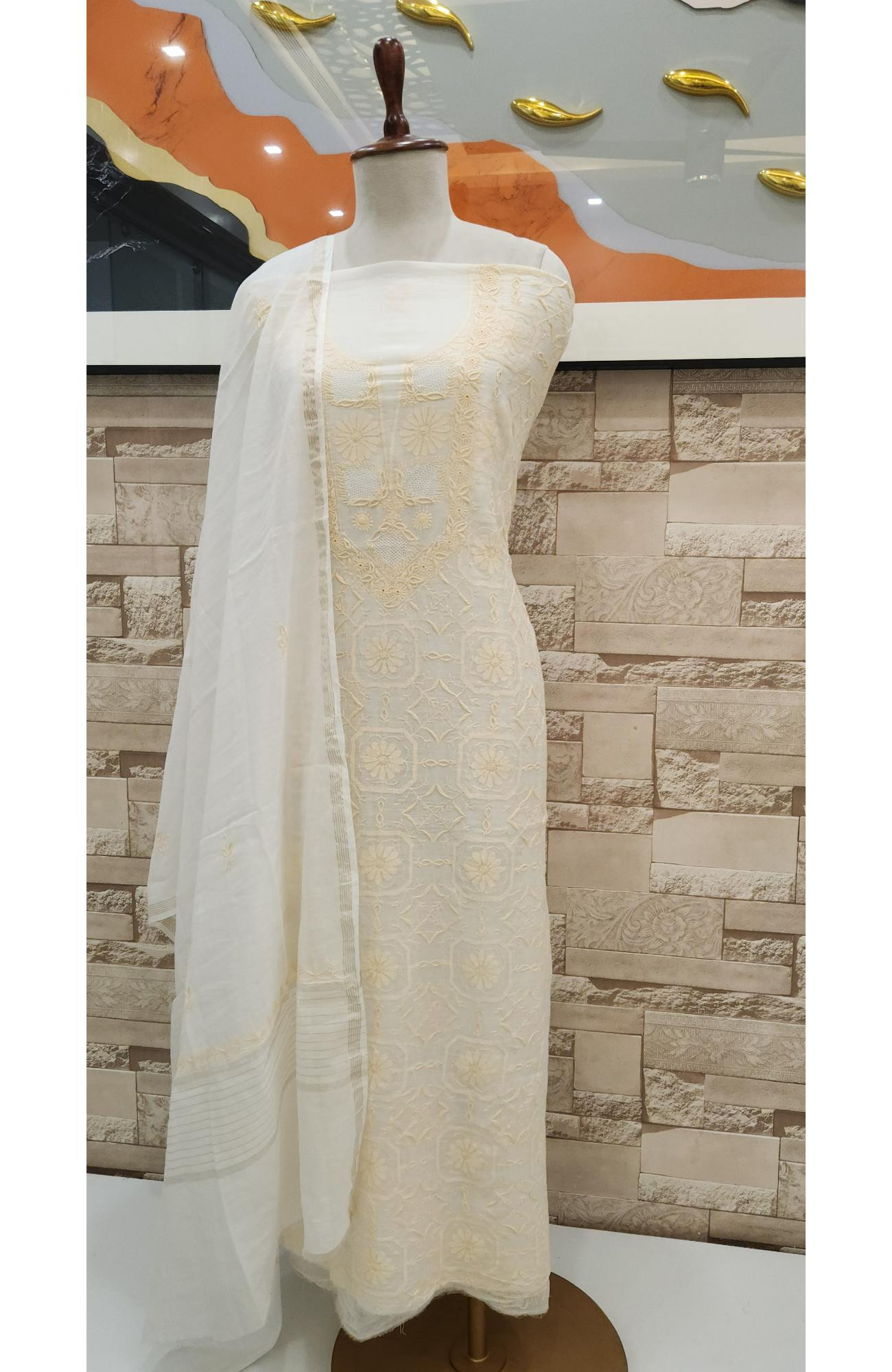 Cream Mul Chanderi Chikankari Kurta Dupatta Set  Rohia By Chhangamal