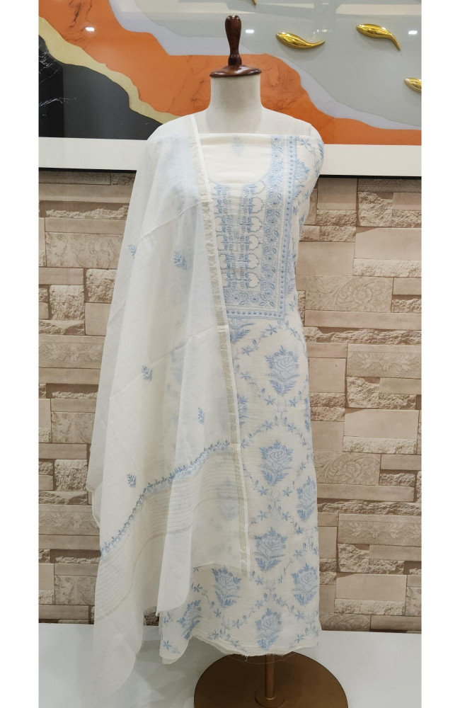 Image of Cream Mul Chanderi Chikankari Kurta Dupatta Set | Rohia By Chhangamal