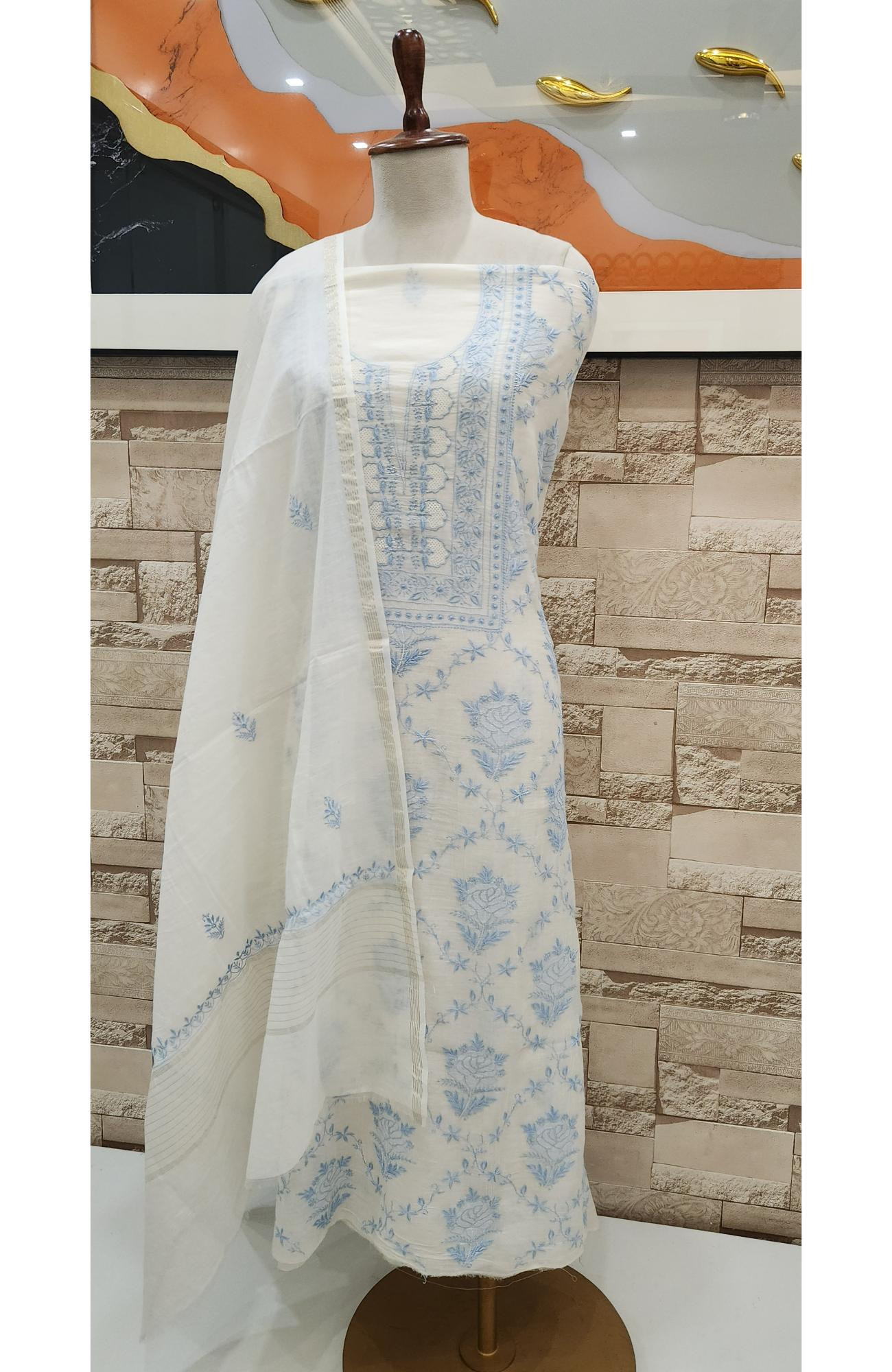 Cream Mul Chanderi Chikankari Kurta Dupatta Set  Rohia By Chhangamal