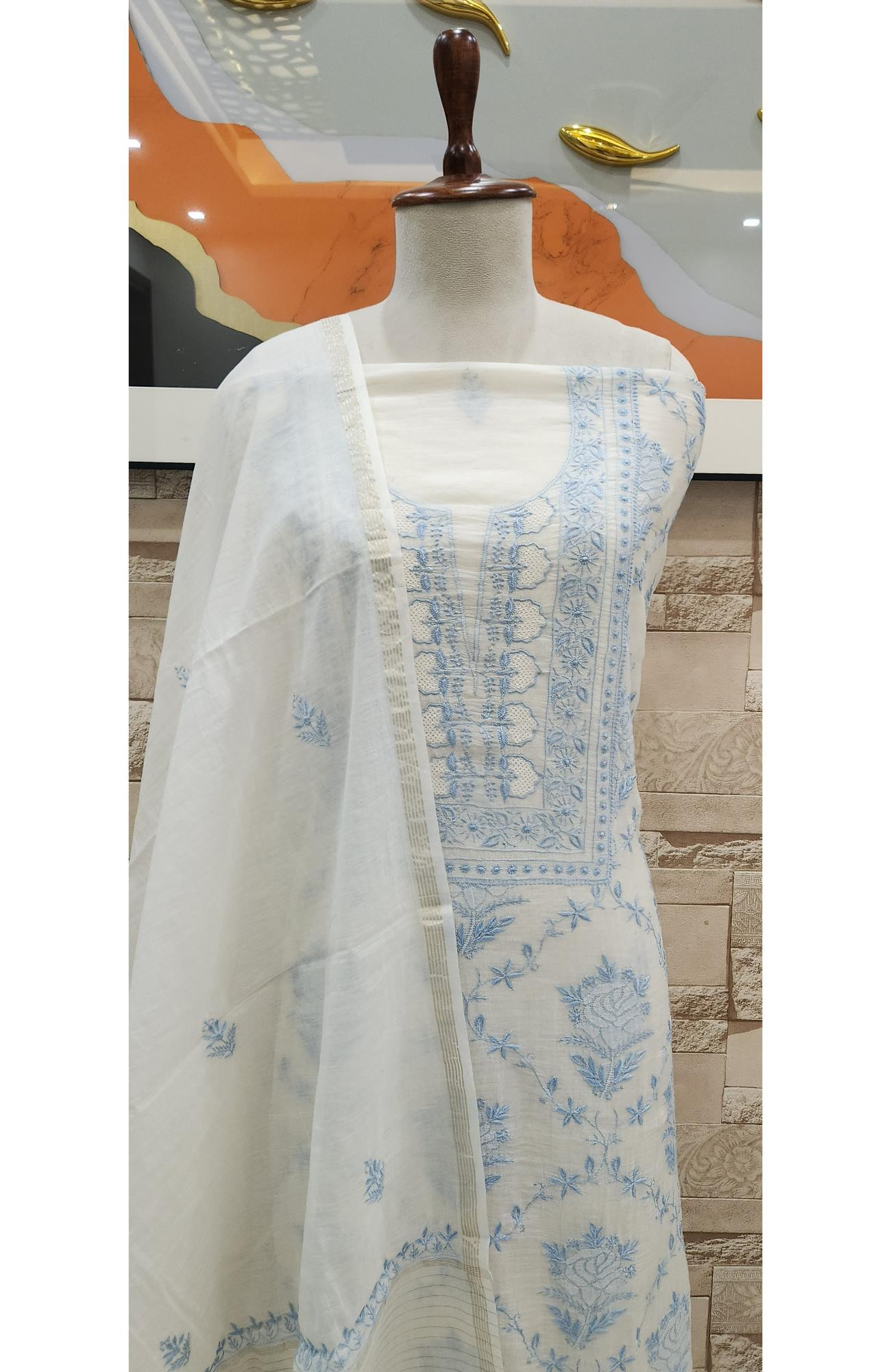 Cream Mul Chanderi Chikankari Kurta Dupatta Set  Rohia By Chhangamal