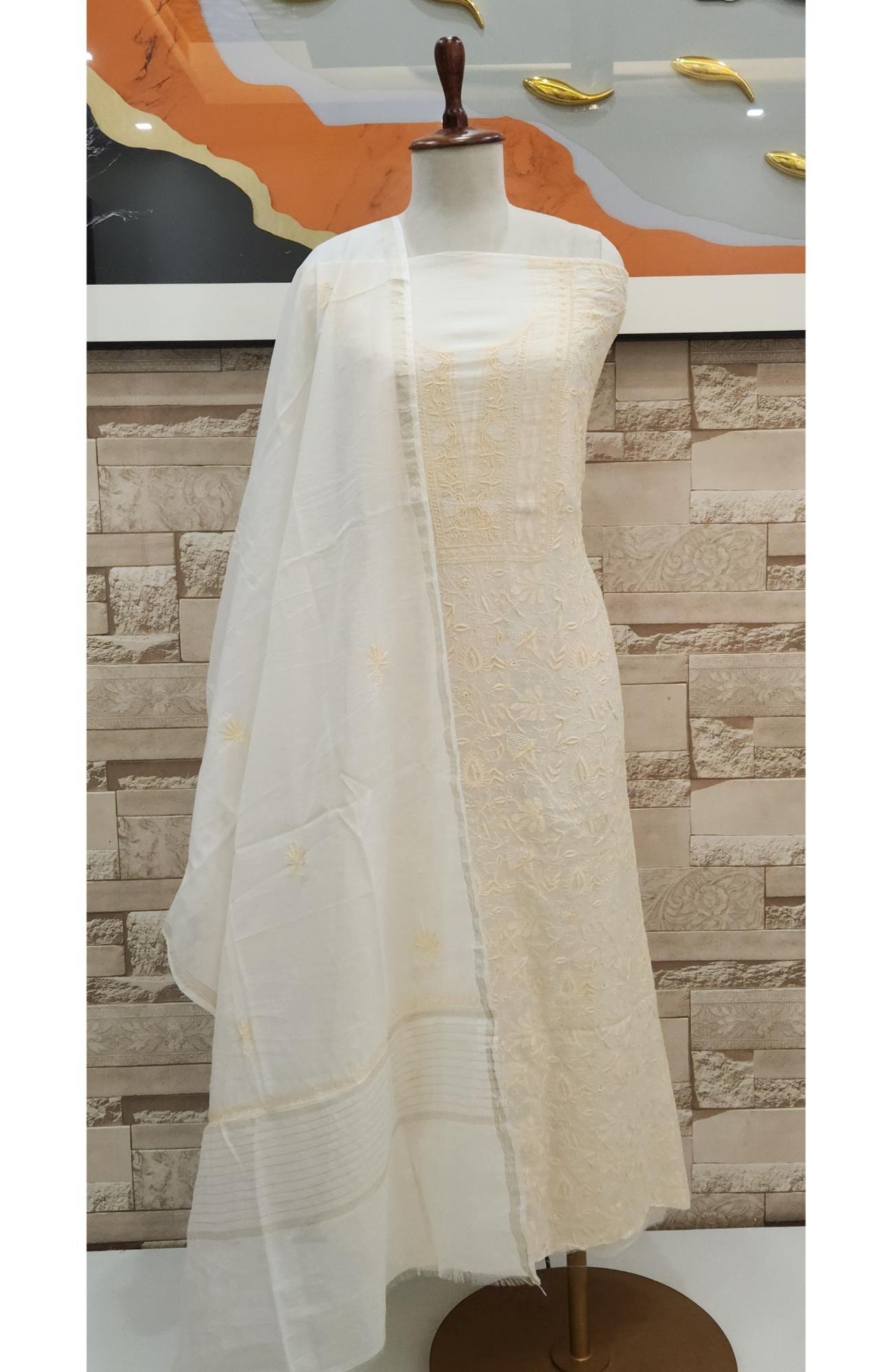 Cream Mul Chanderi Chikankari Kurta Dupatta Set  Rohia By Chhangamal