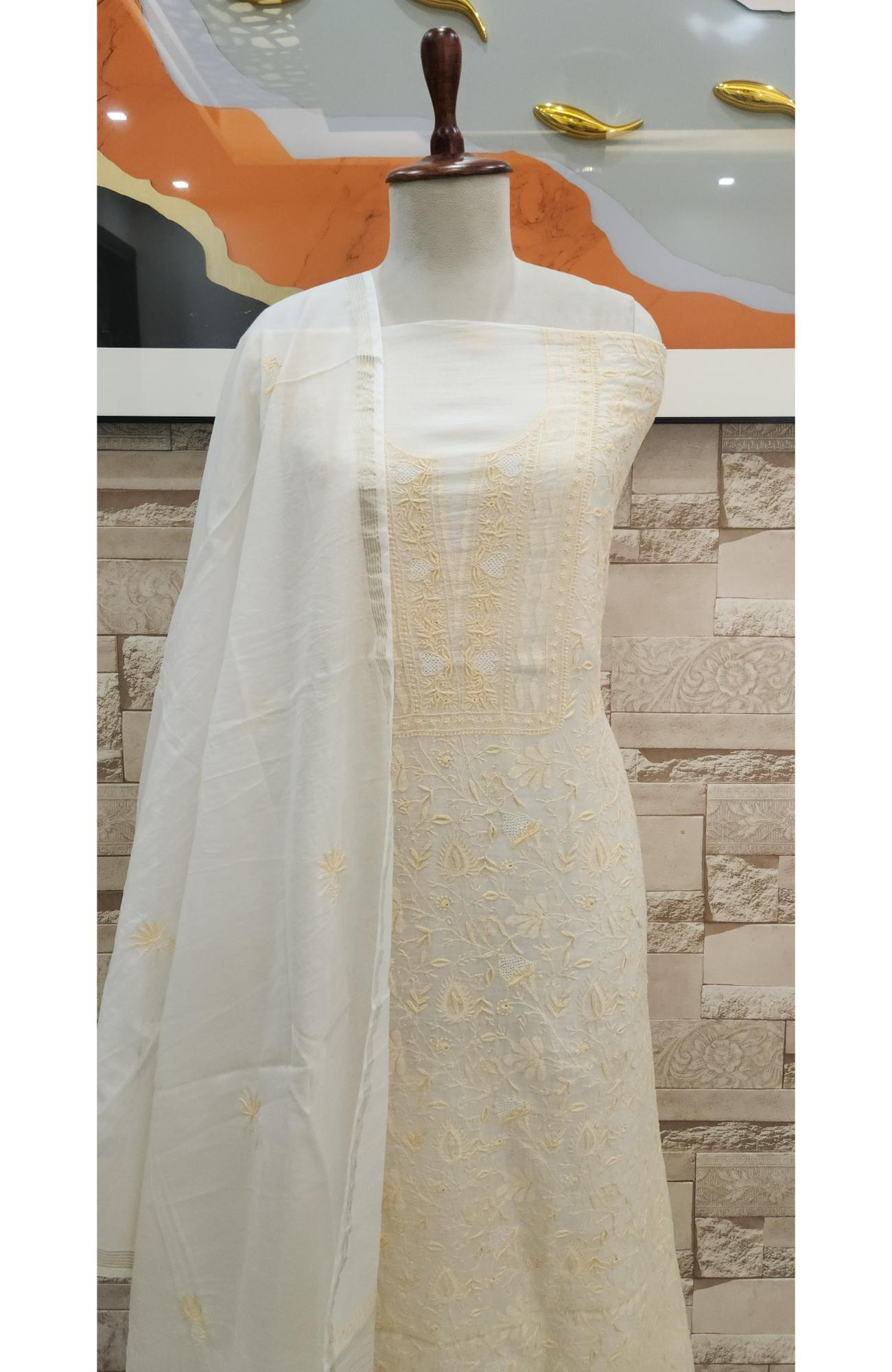 Cream Mul Chanderi Chikankari Kurta Dupatta Set  Rohia By Chhangamal