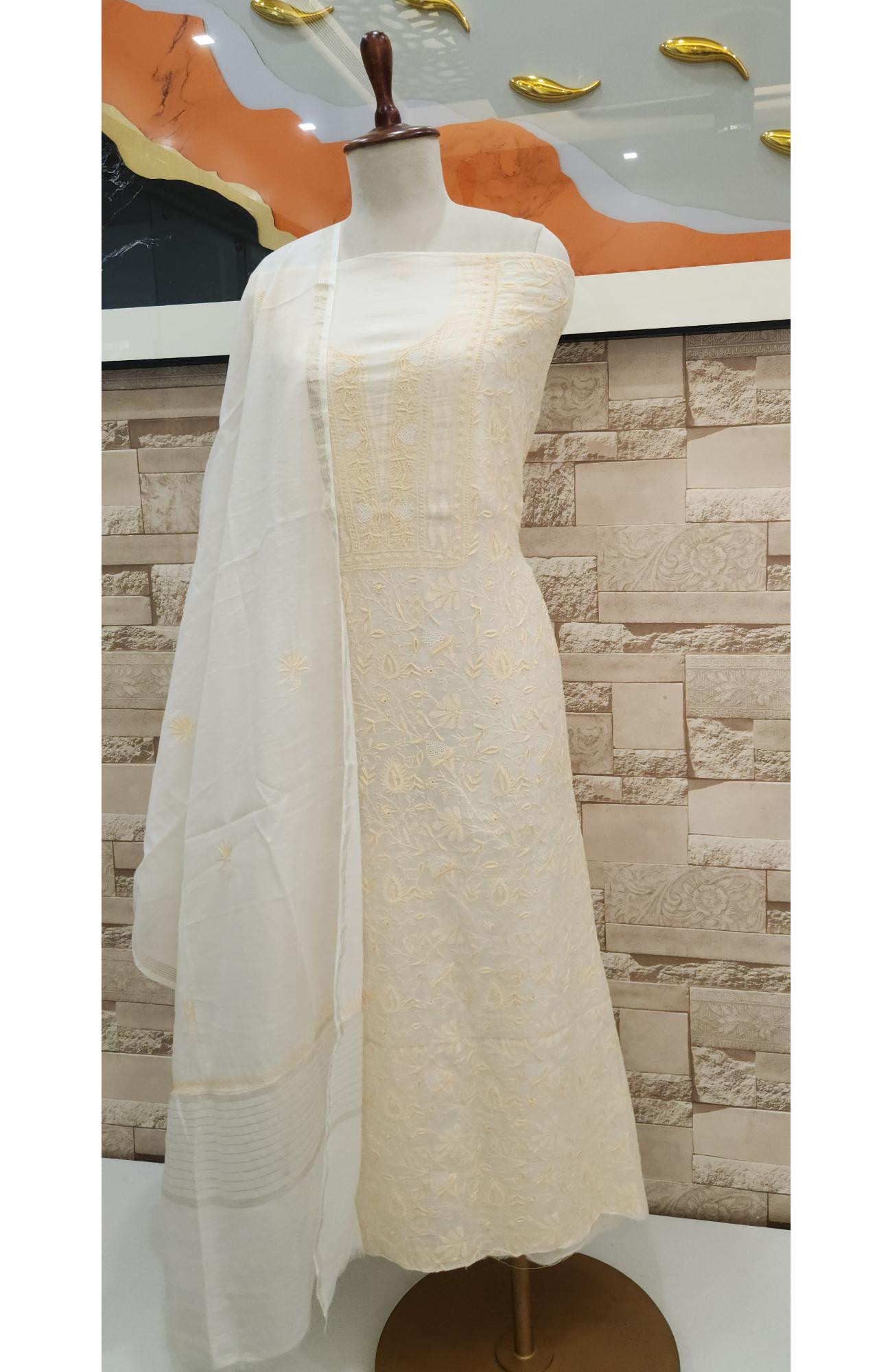 Cream Mul Chanderi Chikankari Kurta Dupatta Set  Rohia By Chhangamal
