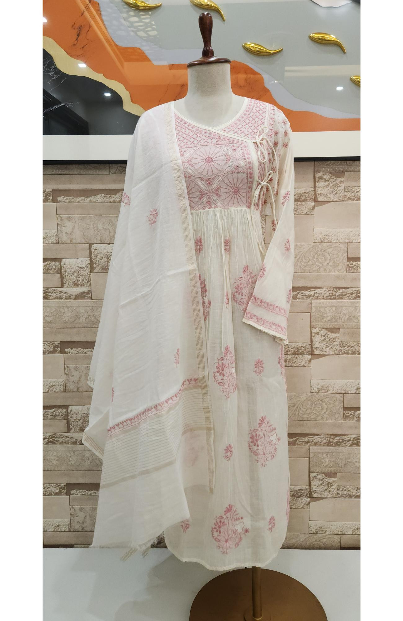 Cream Mul Chanderi Hand Embroidered Chikankari  Angrakha Stayl Kurta  Dupatta