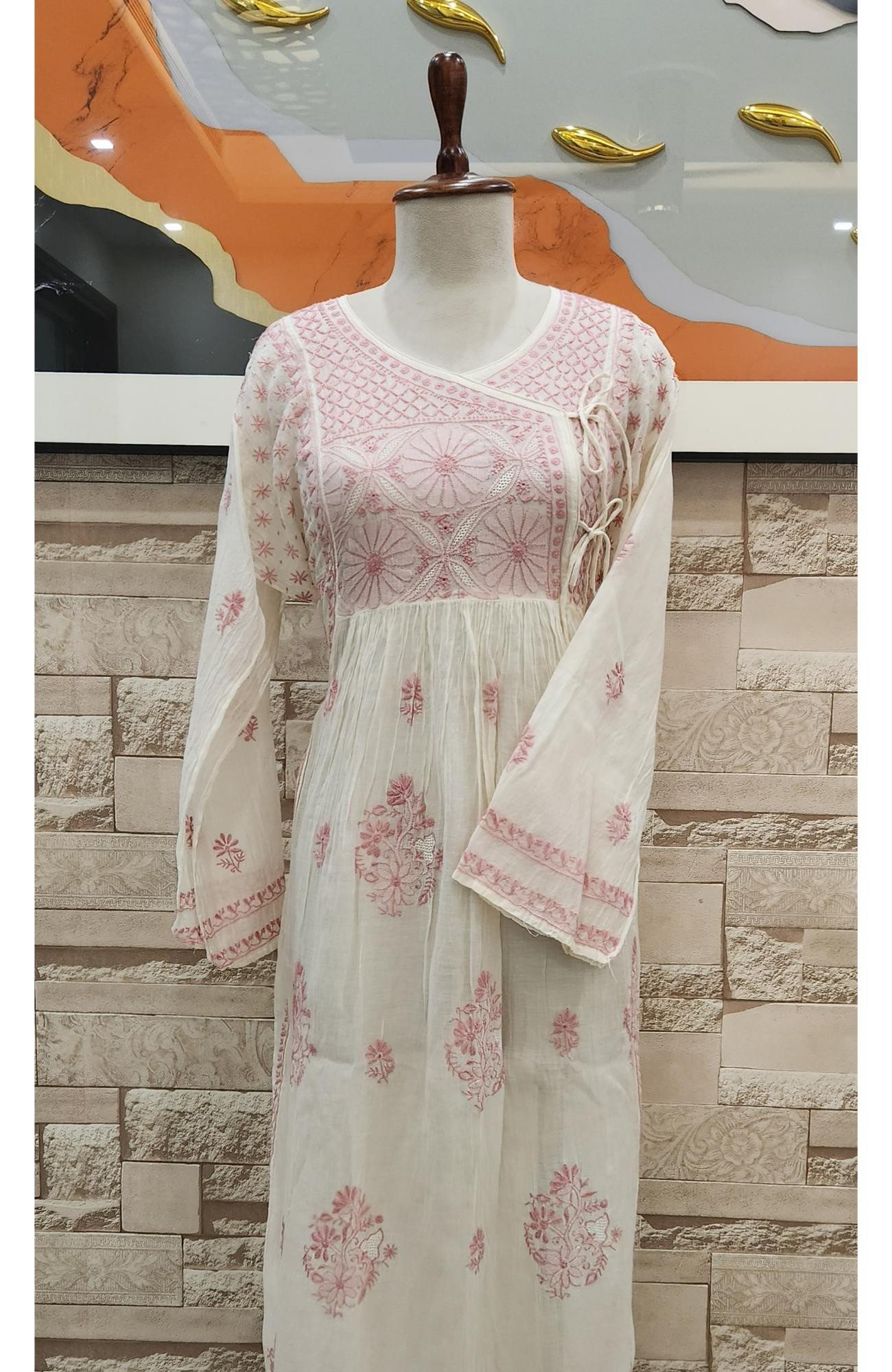 Cream Mul Chanderi Hand Embroidered Chikankari  Angrakha Stayl Kurta  Dupatta