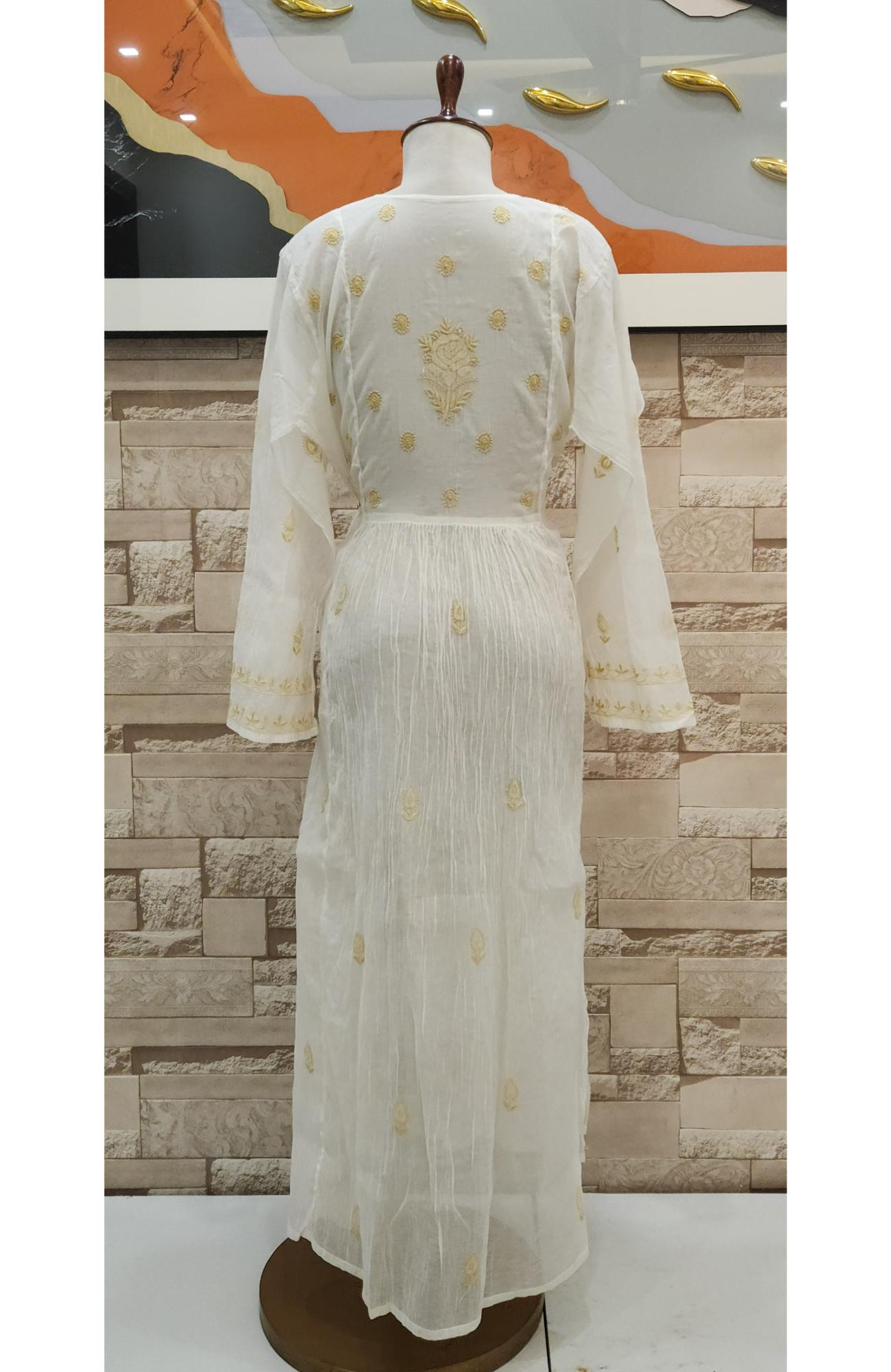 Cream Mul Chanderi Hand Embroidered Chikankari  Angrakha Stayl Kurta  Dupatta