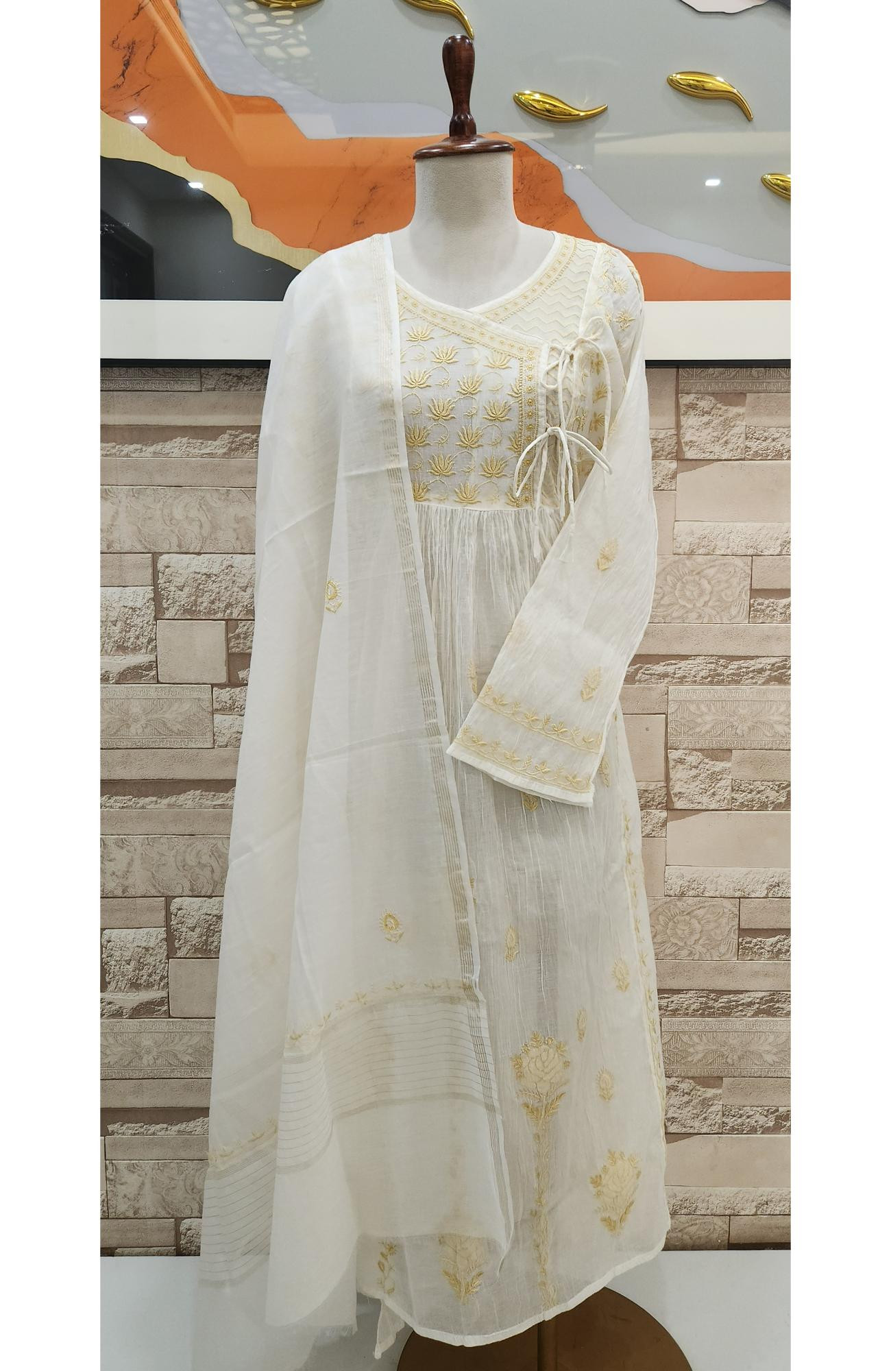 Cream Mul Chanderi Hand Embroidered Chikankari  Angrakha Stayl Kurta  Dupatta