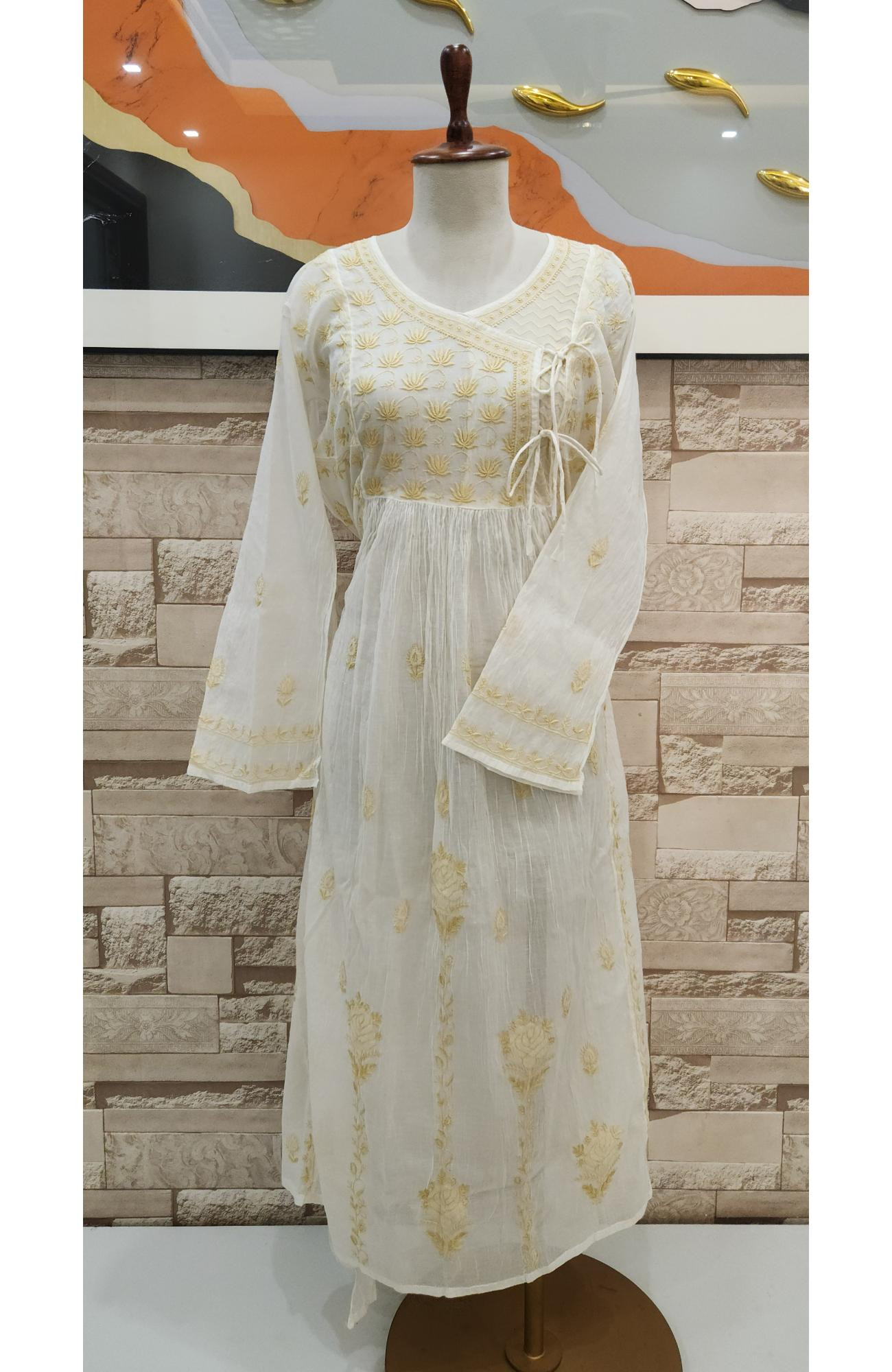 Cream Mul Chanderi Hand Embroidered Chikankari  Angrakha Stayl Kurta  Dupatta