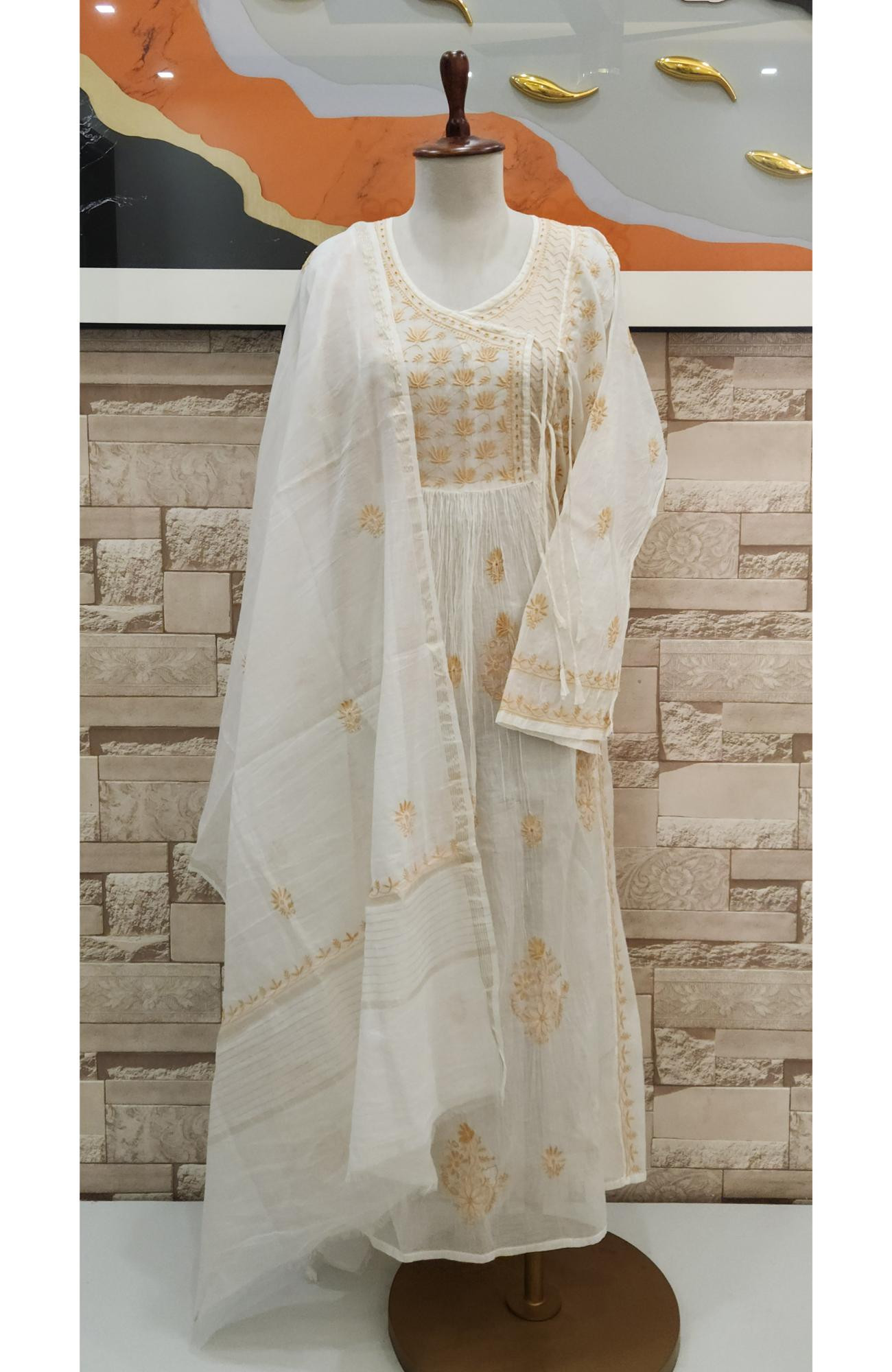 Cream Mul Chanderi Hand Embroidered Chikankari  Angrakha Stayl Kurta  Dupatta
