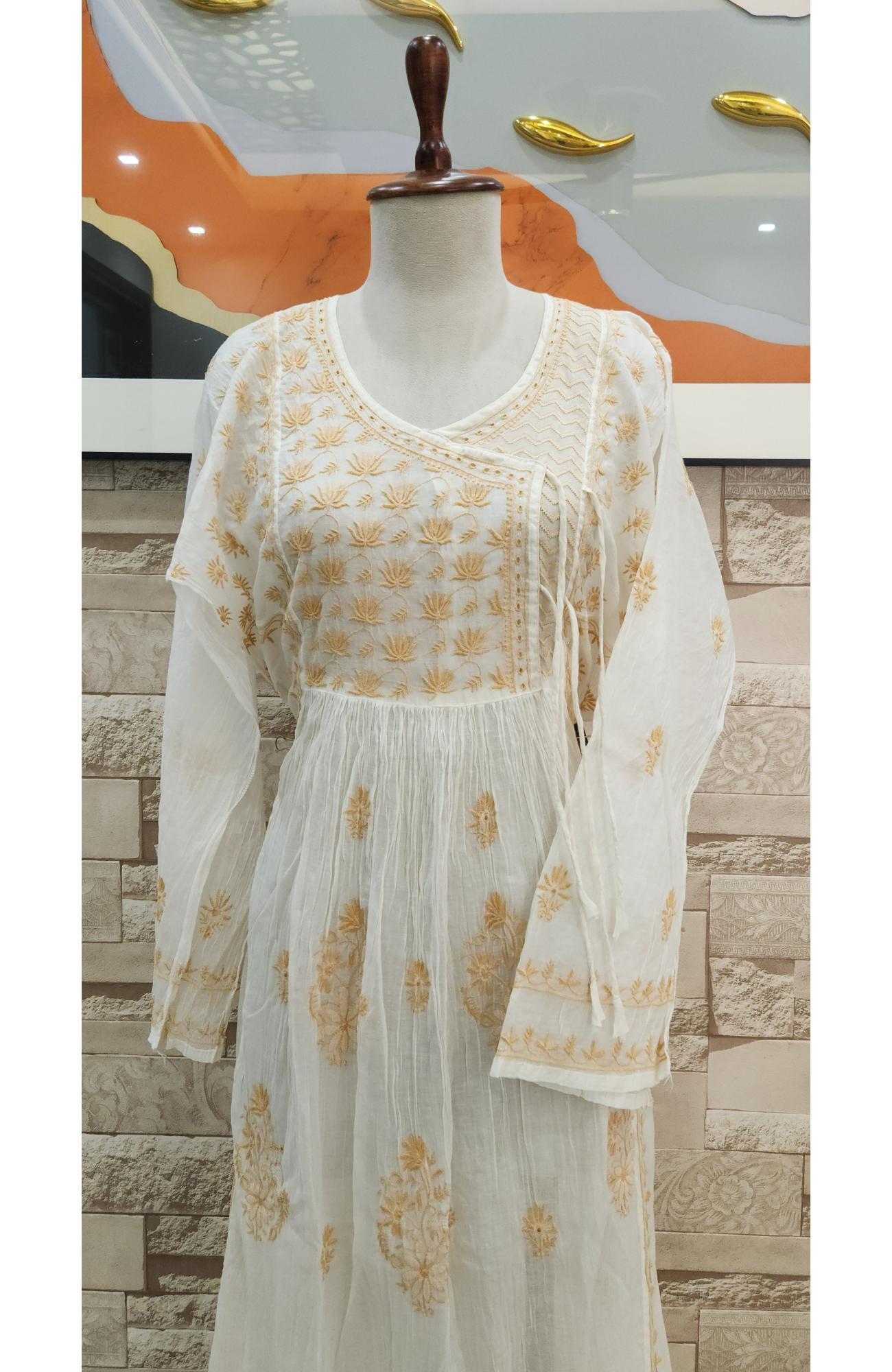 Cream Mul Chanderi Hand Embroidered Chikankari  Angrakha Stayl Kurta  Dupatta