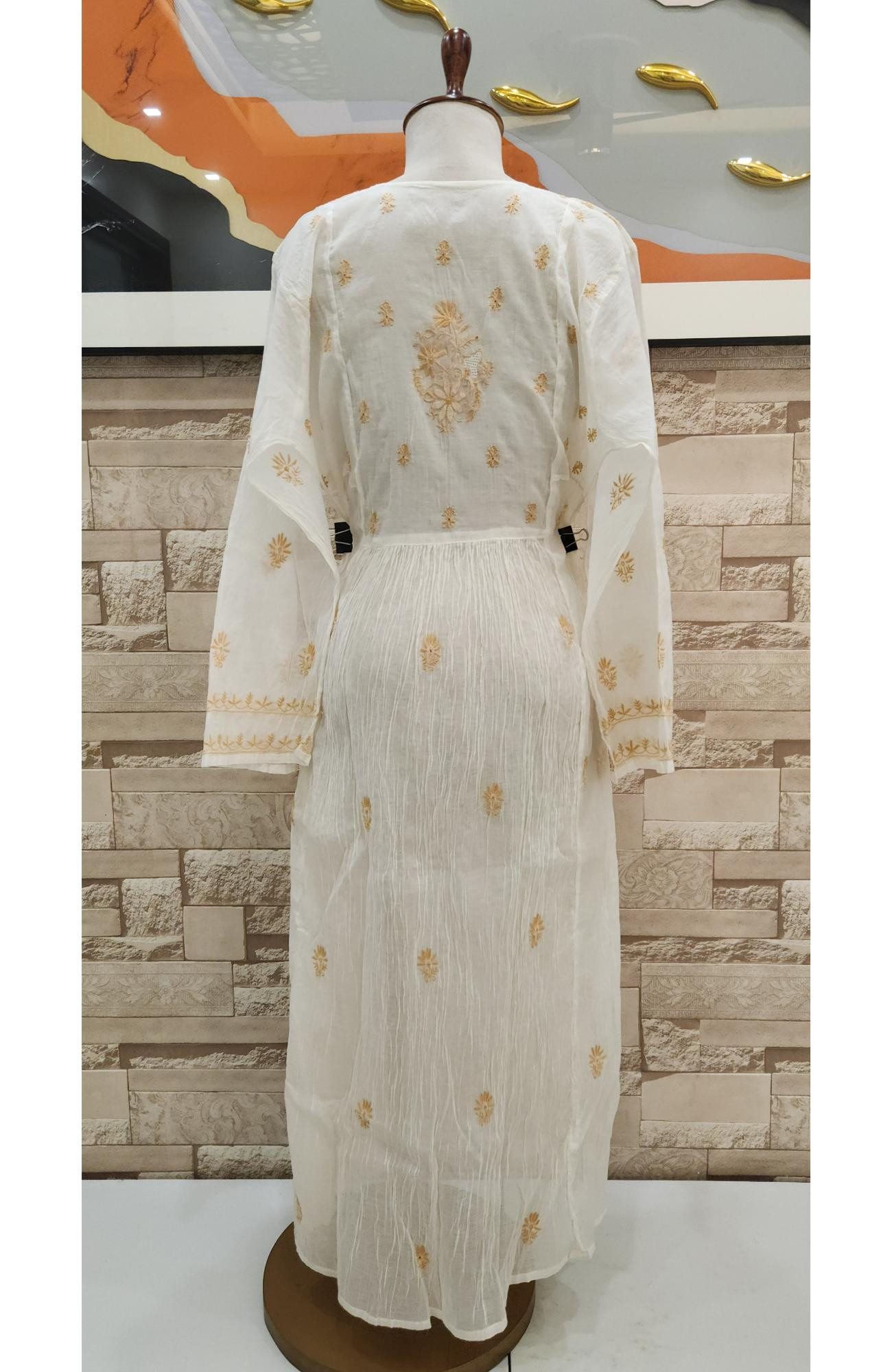 Cream Mul Chanderi Hand Embroidered Chikankari  Angrakha Stayl Kurta  Dupatta