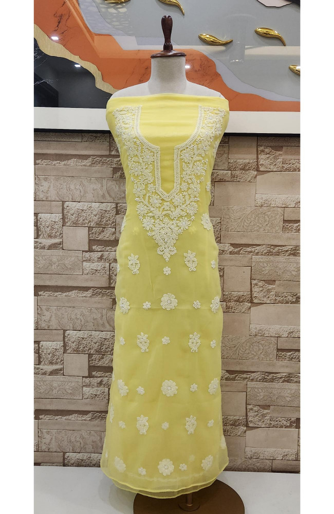 Image of Yellow Faux Georgette Chikankari Suit Length | Rohia By Chhangamal