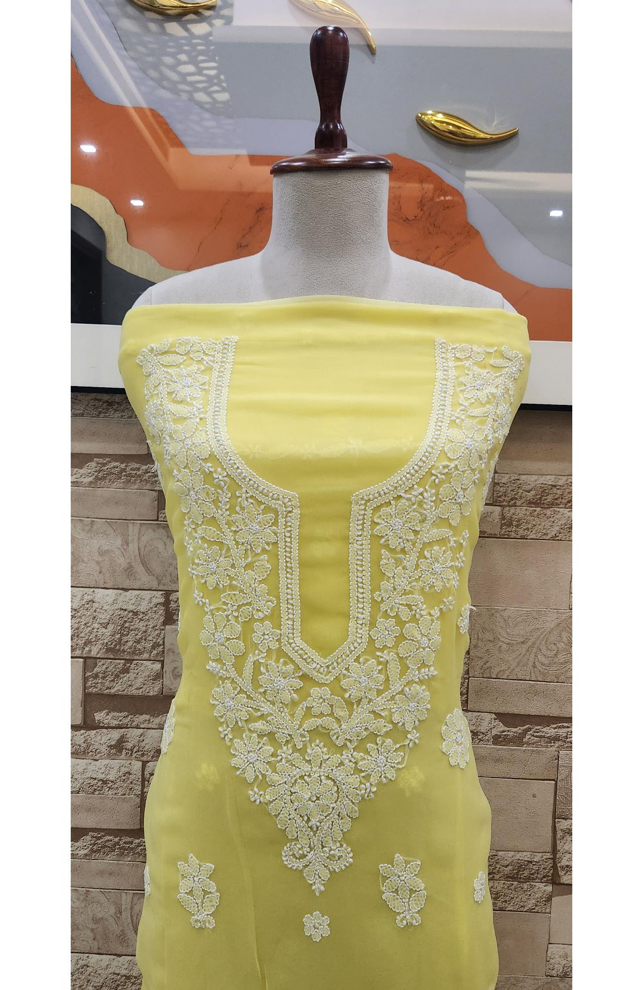 Yellow Faux Georgette Chikankari Suit Length  Rohia By Chhangamal