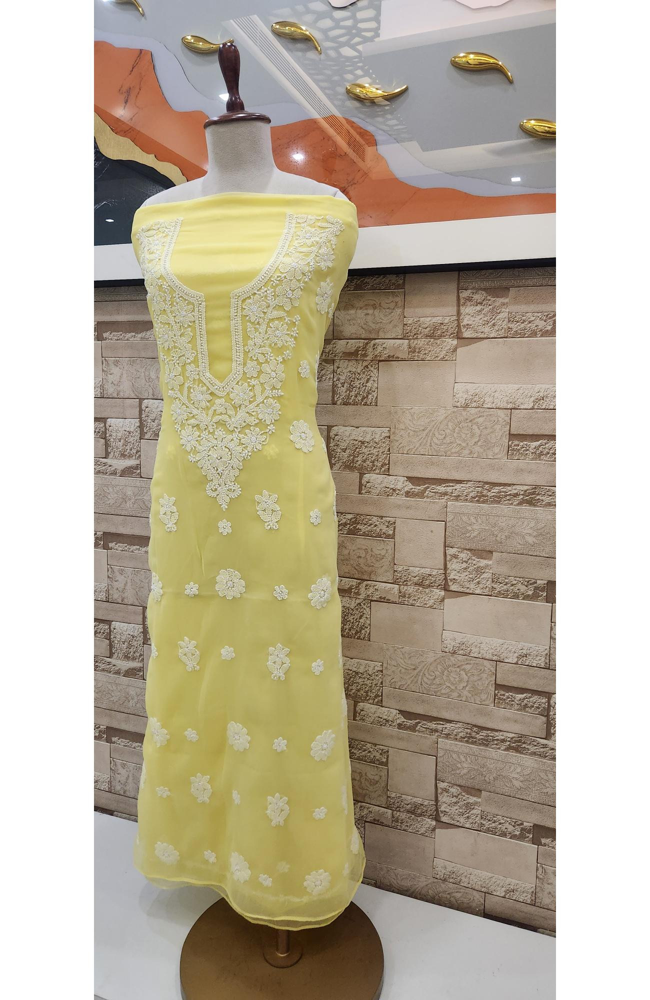 Yellow Faux Georgette Chikankari Suit Length  Rohia By Chhangamal
