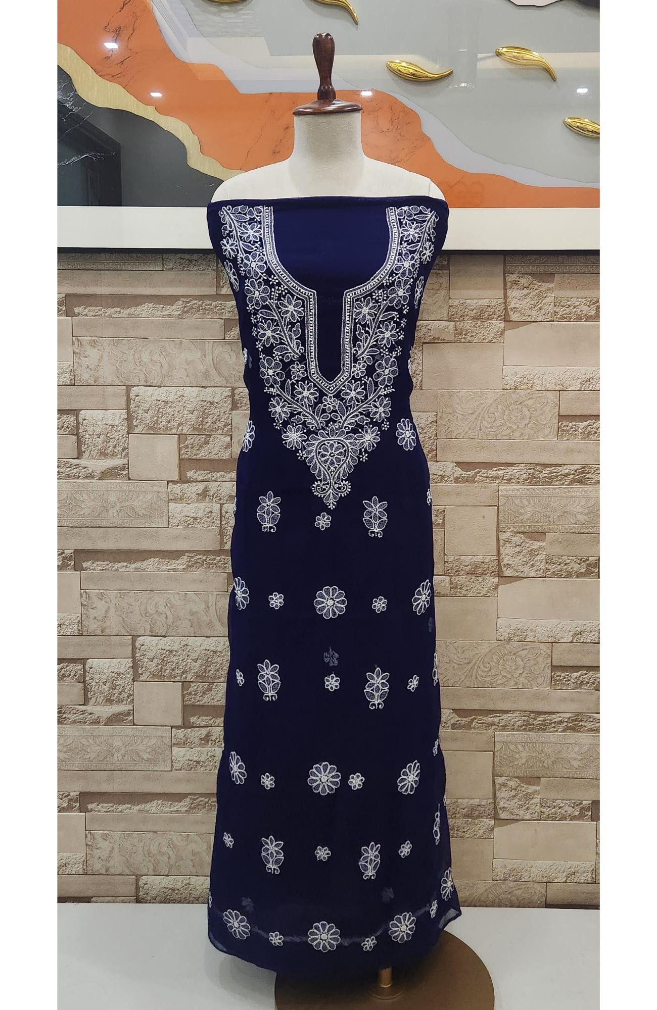 Navy Blue Faux Georgette Chikankari Suit Length  Rohia By Chhangamal
