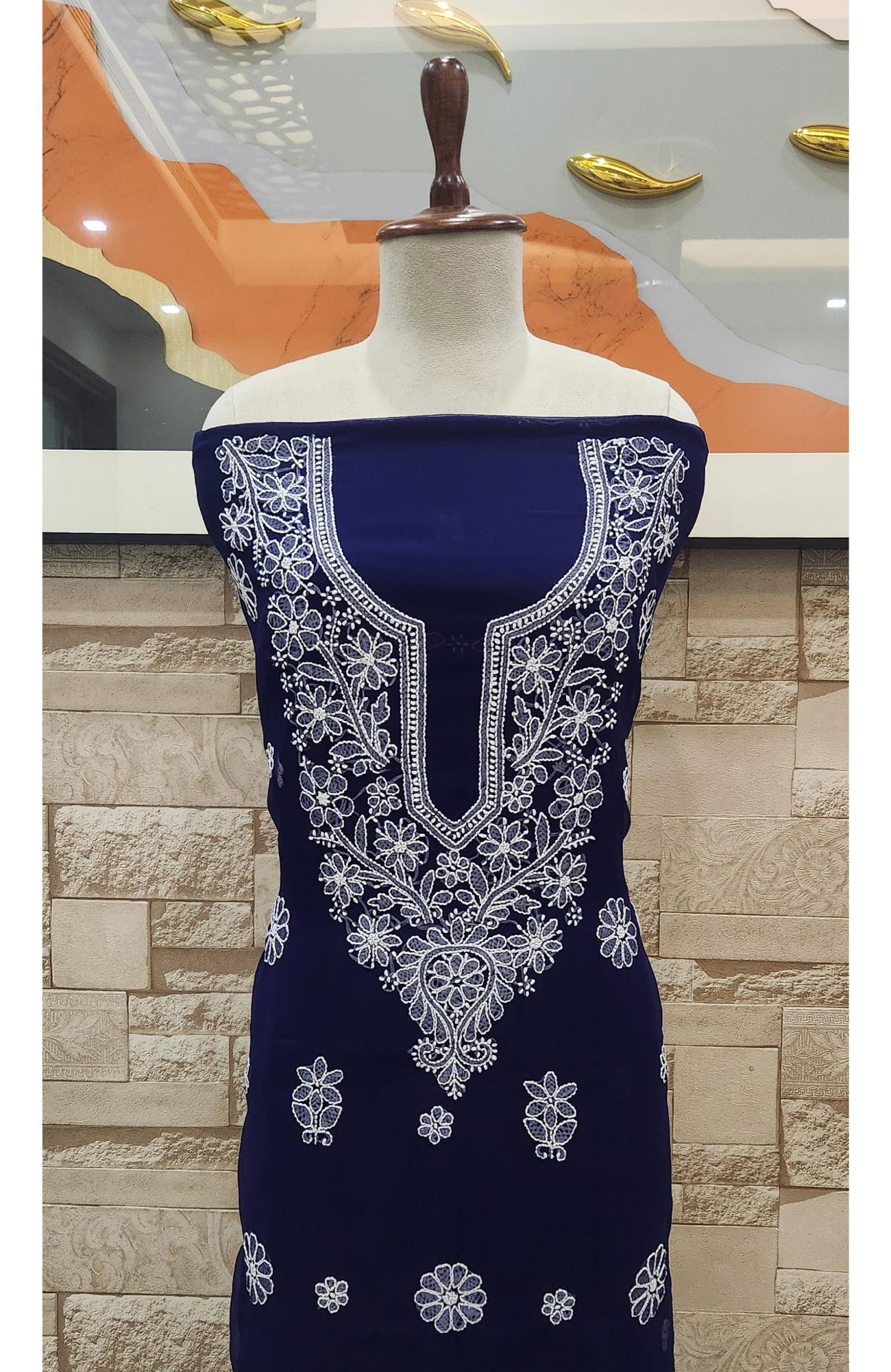 Navy Blue Faux Georgette Chikankari Suit Length  Rohia By Chhangamal