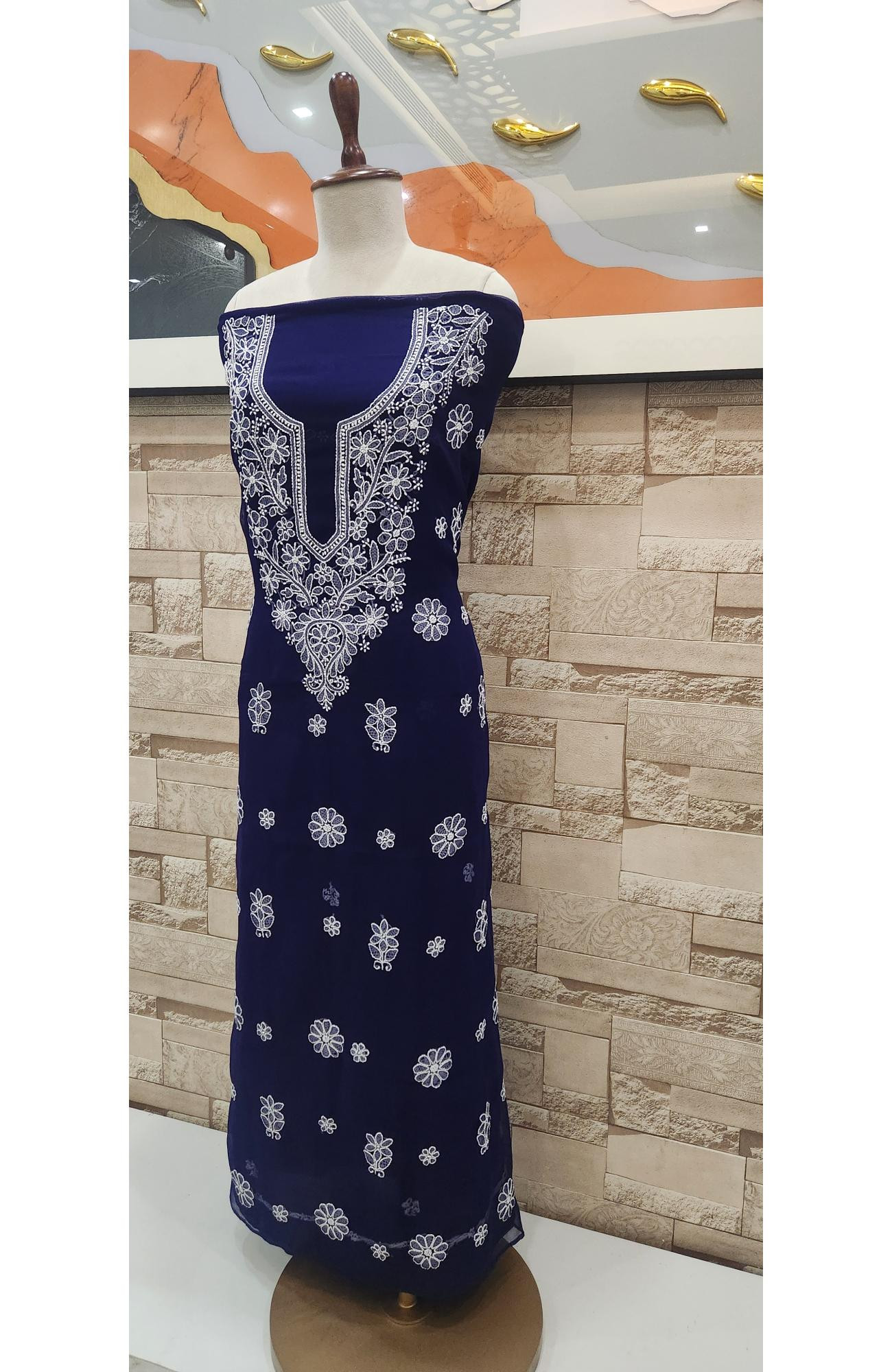 Navy Blue Faux Georgette Chikankari Suit Length  Rohia By Chhangamal