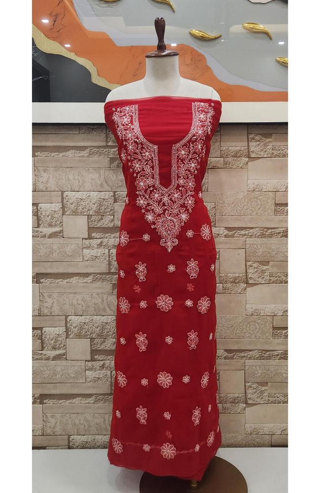 Image of Red Faux Georgette Chikankari Suit Fabric | Rohia By Chhangamal