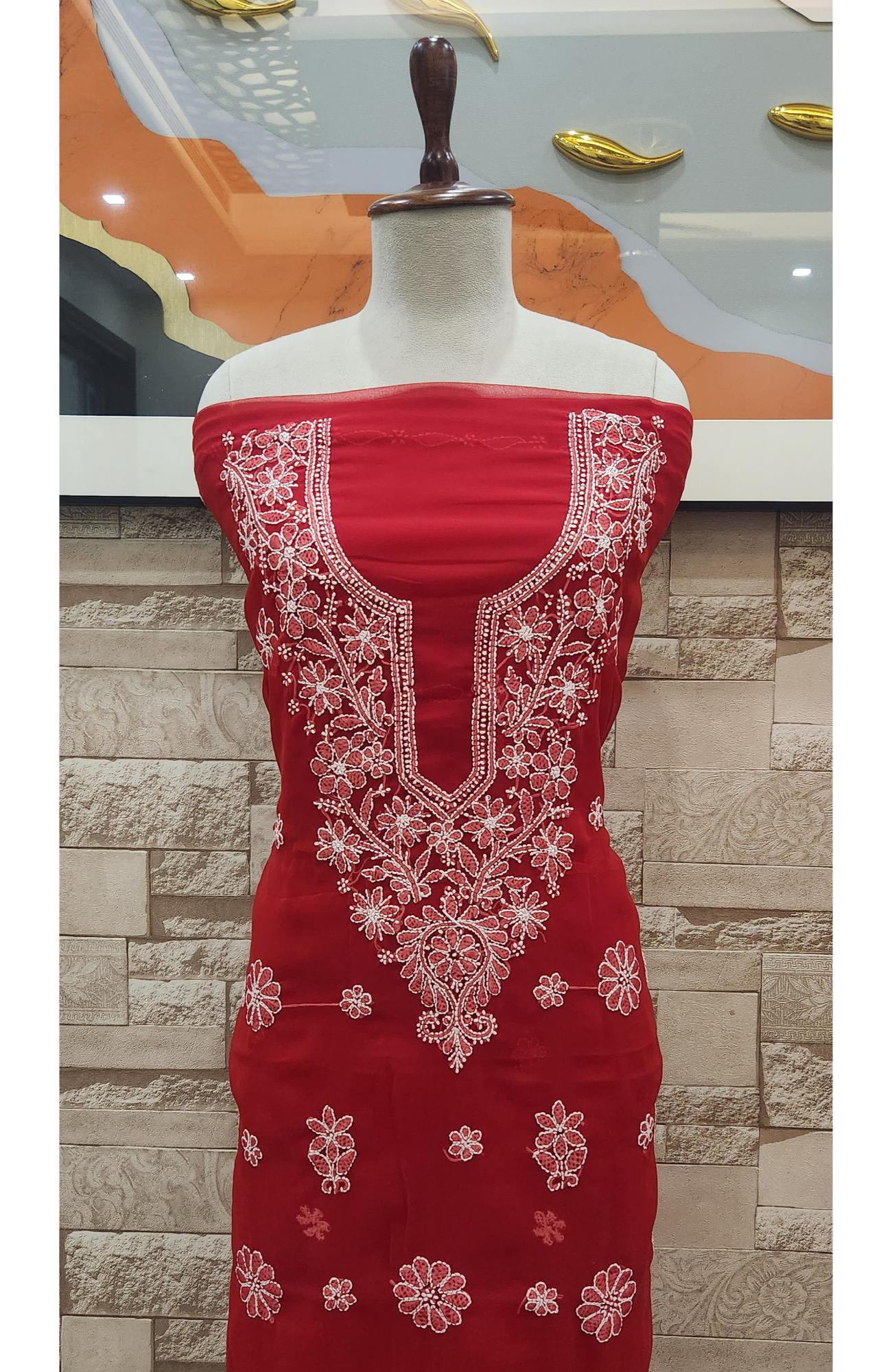 Red Faux Georgette Chikankari Suit Fabric  Rohia By Chhangamal