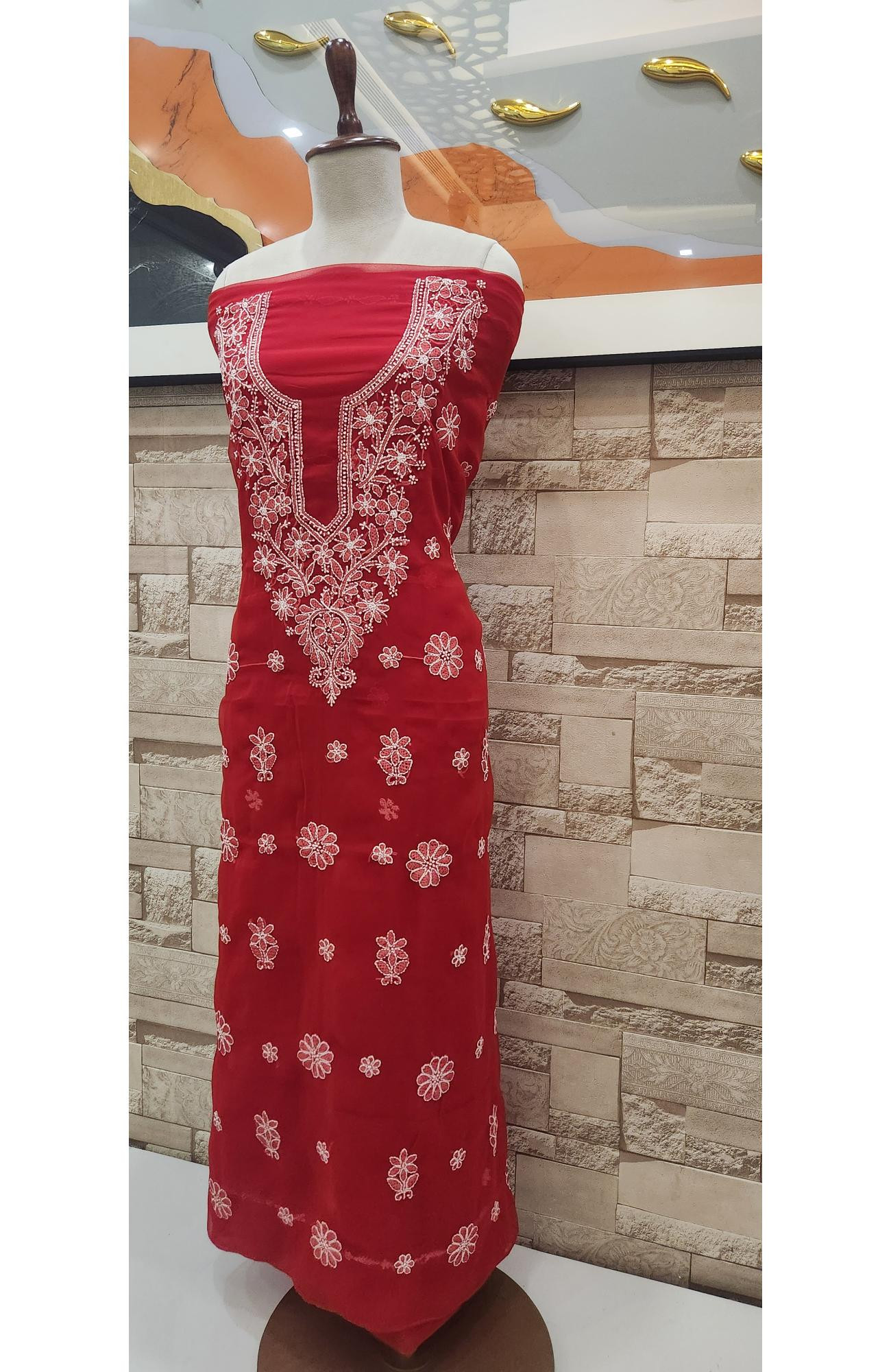 Red Faux Georgette Chikankari Suit Fabric  Rohia By Chhangamal