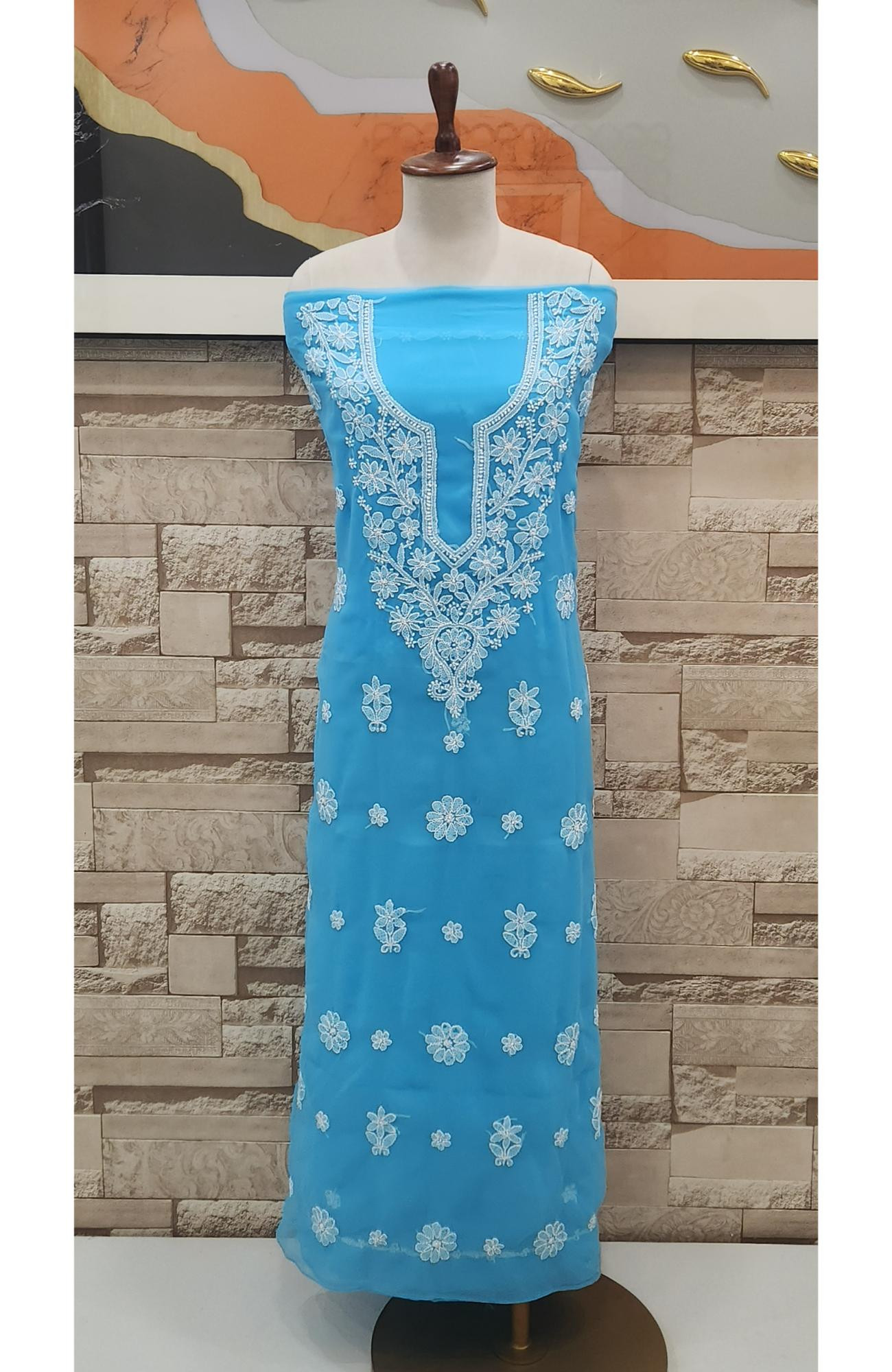 Blue Faux Georgette Hand Embroidered Chikankari  Suit Length I Rohia By Chhangamal