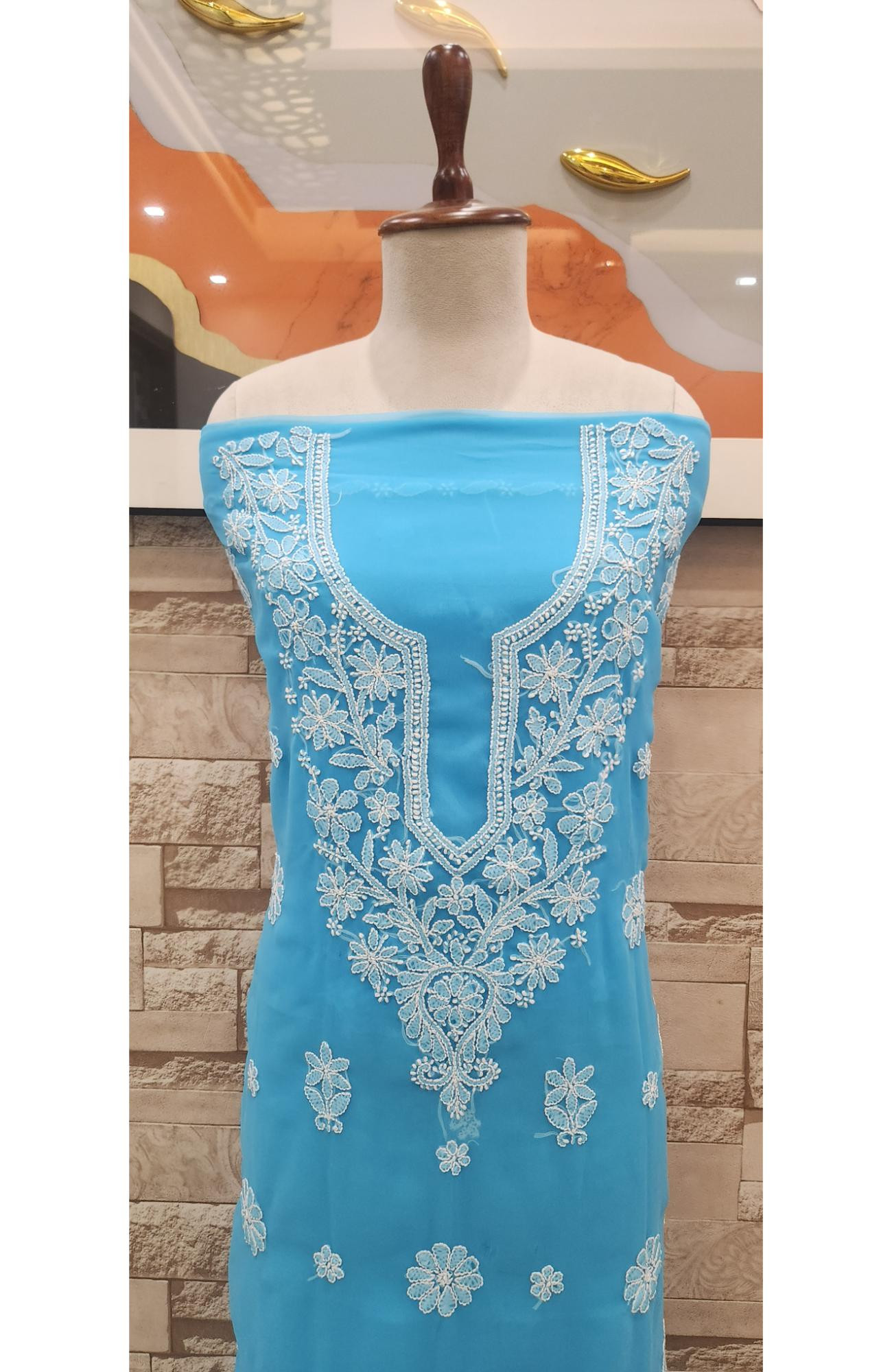 Blue Faux Georgette Hand Embroidered Chikankari  Suit Length I Rohia By Chhangamal