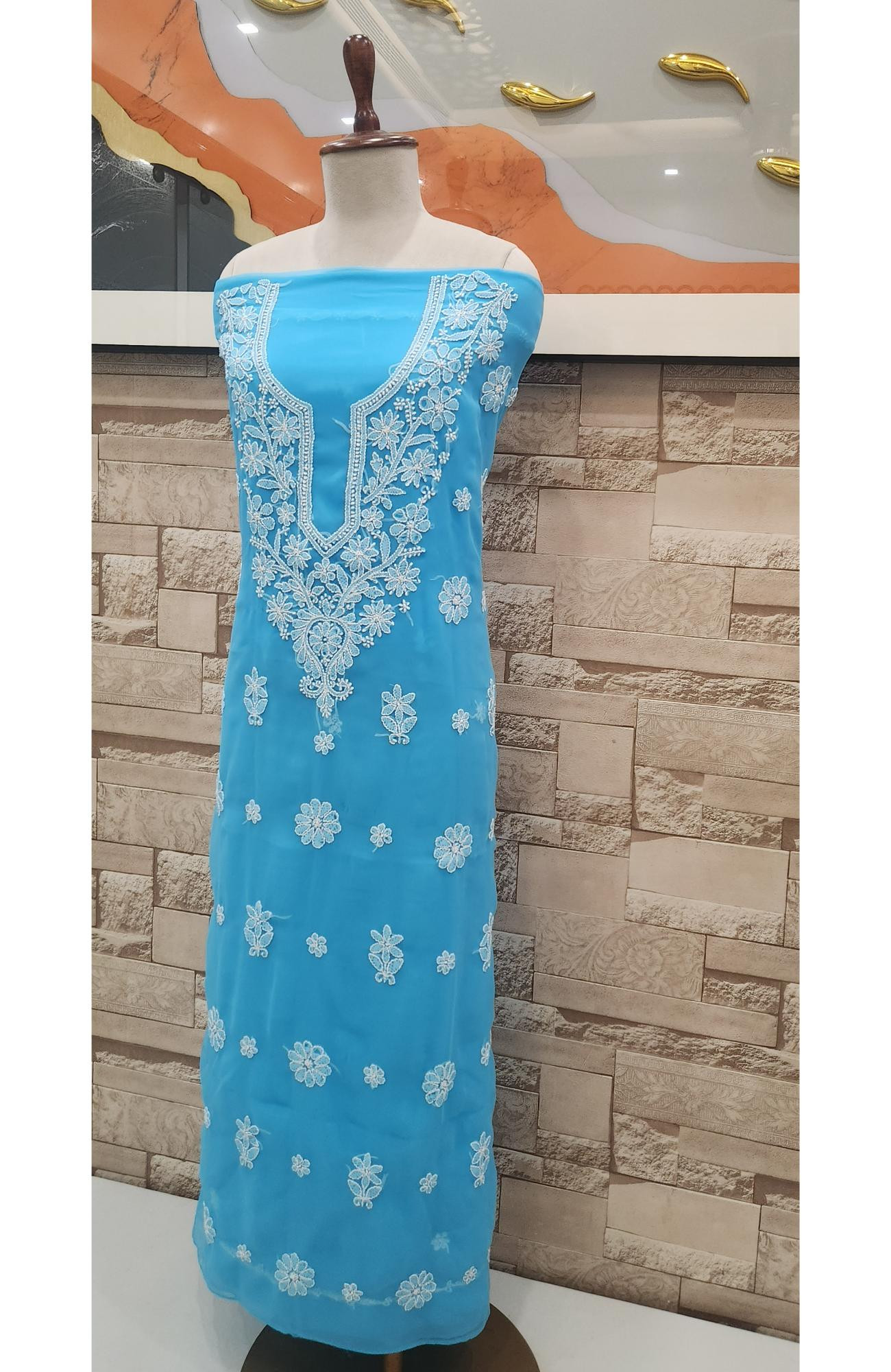 Blue Faux Georgette Hand Embroidered Chikankari  Suit Length I Rohia By Chhangamal