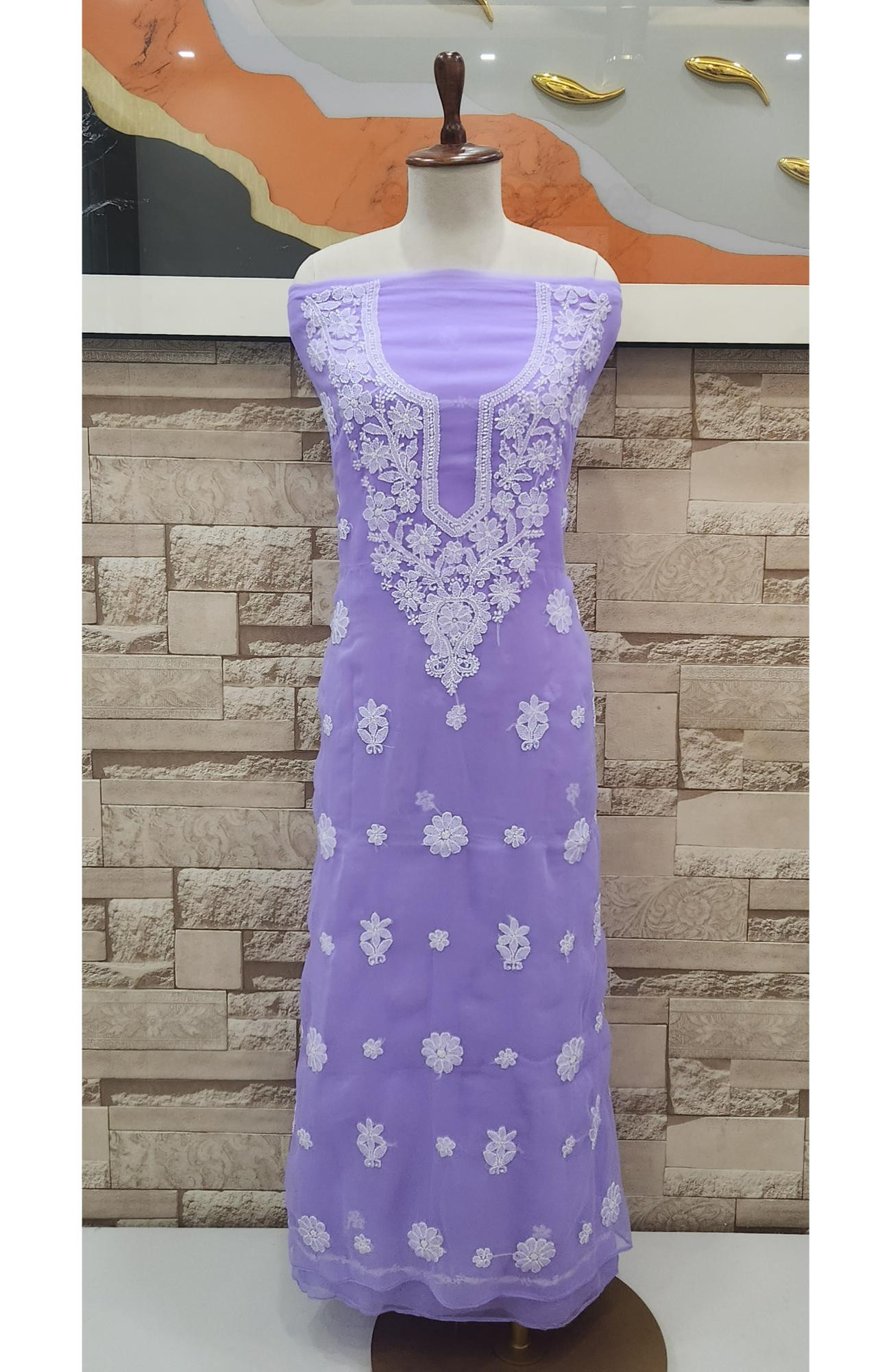 Purple Faux Georgette Hand Embroidered Chikankari  Suit Length