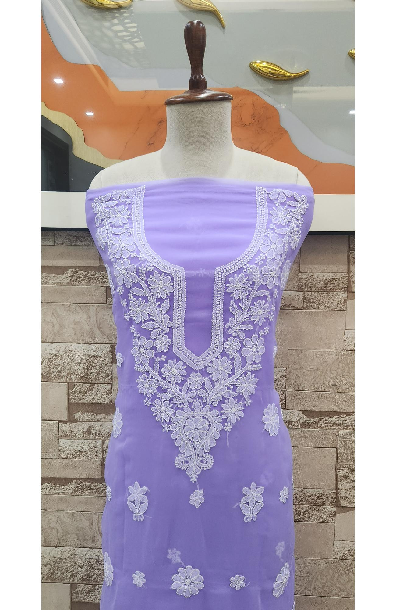 Purple Faux Georgette Hand Embroidered Chikankari  Suit Length