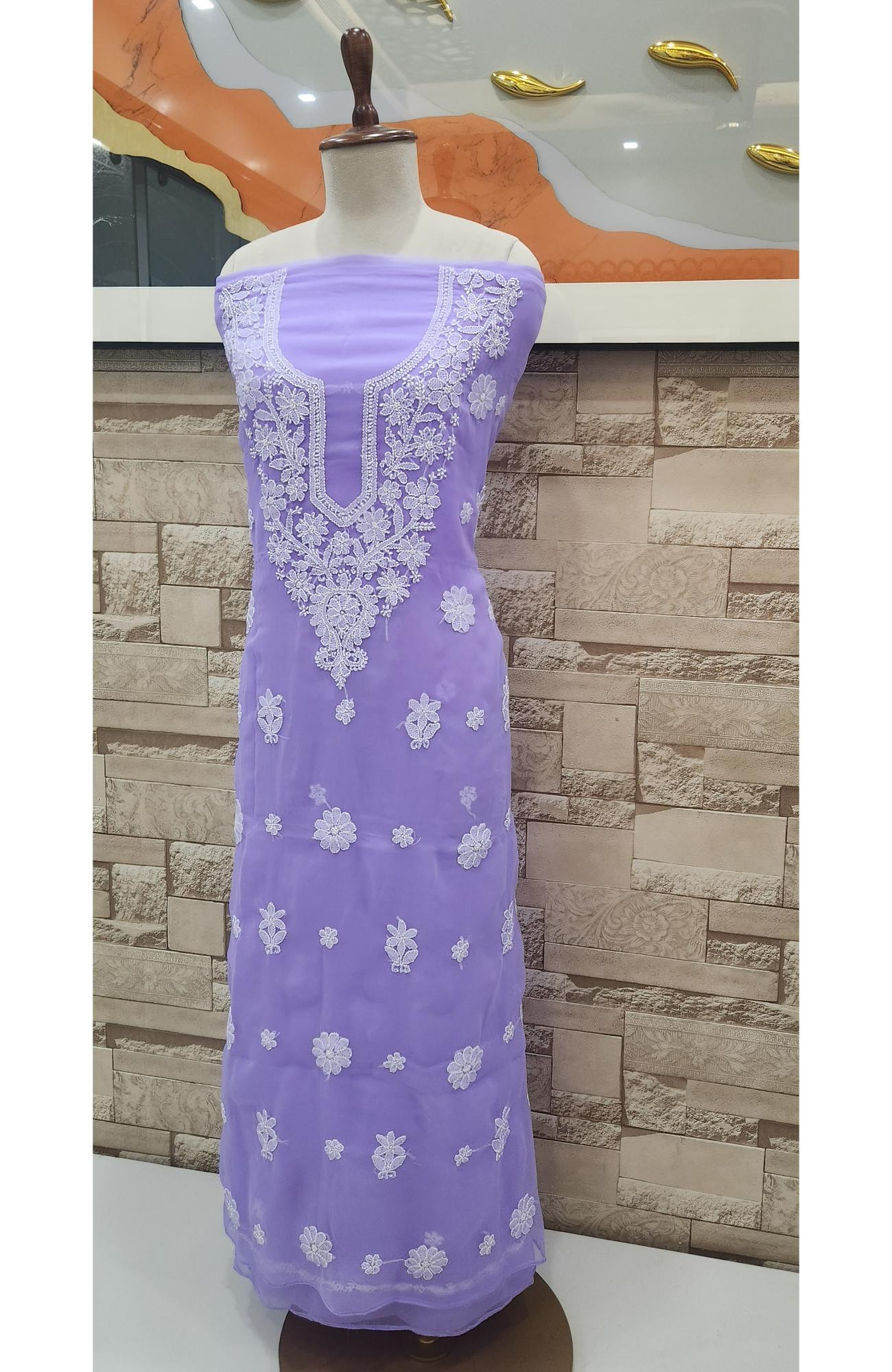 Purple Faux Georgette Hand Embroidered Chikankari  Suit Length